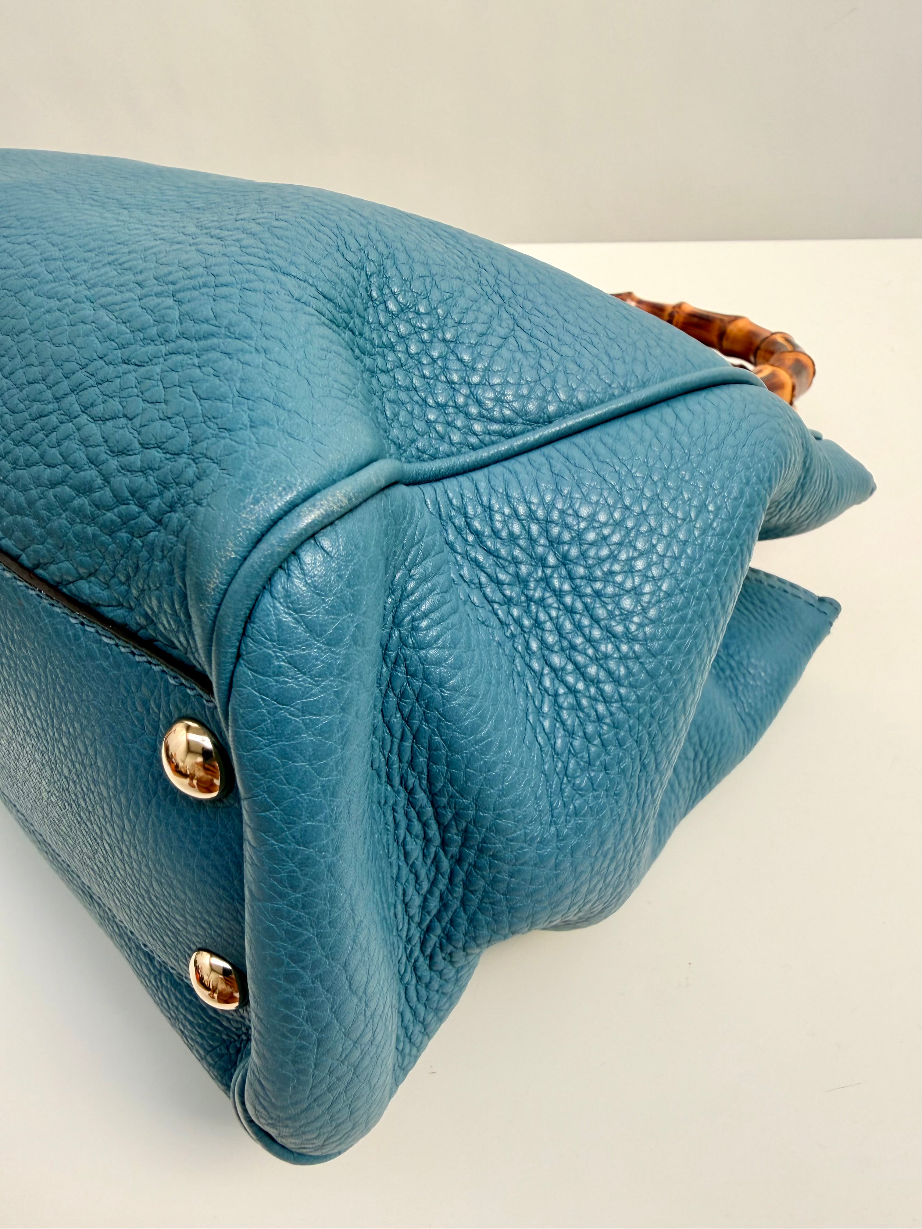 Gucci Bamboo Leather Top Handle Bag Blue Vintage Bamboo Crossbody