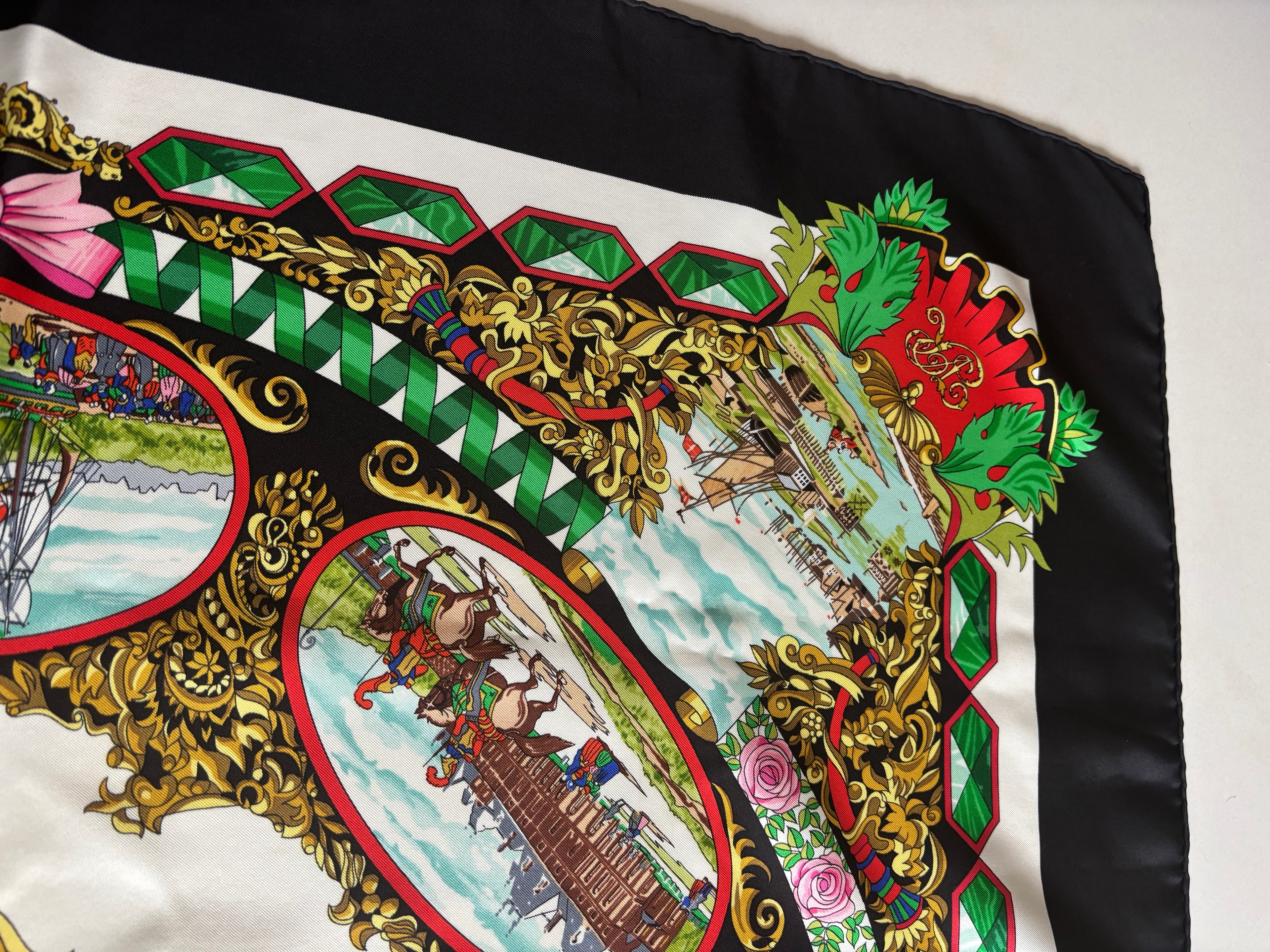 Hermès Vintage Silk Carré 90 Scarf Black Multicolor Print