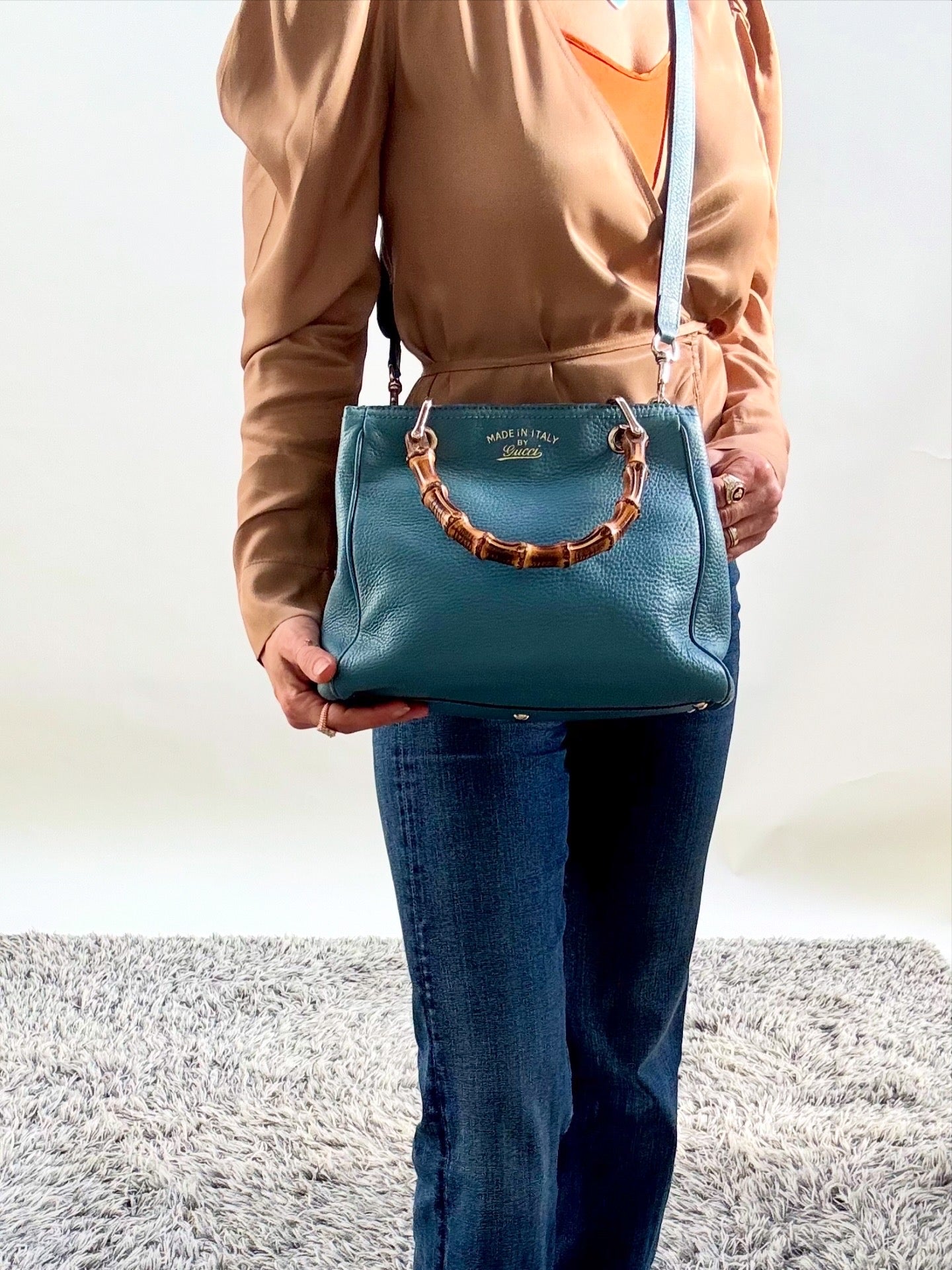 Gucci Bamboo Leather Top Handle Bag Blue Vintage Bamboo Crossbody