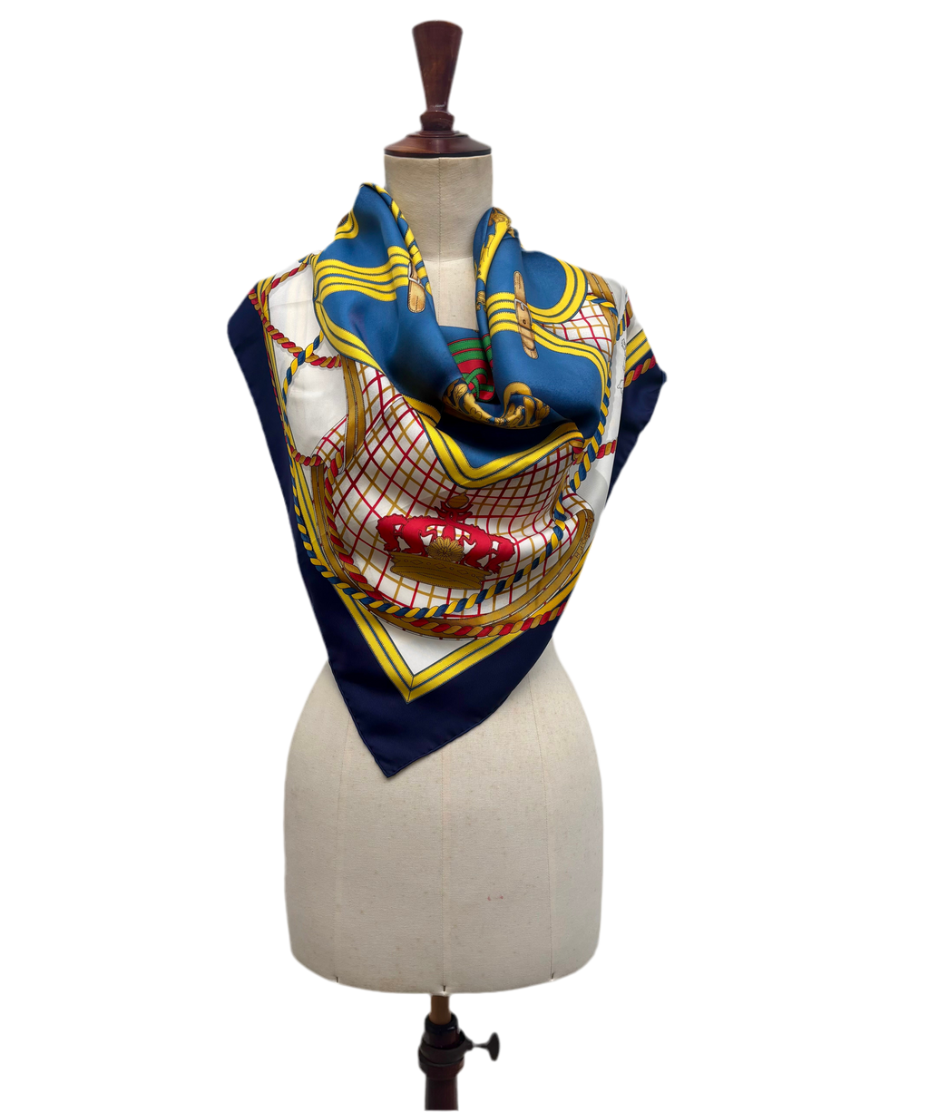 Hermès Carré 90 Silk Scarf Blue Gold Heraldic Equestrian Motif