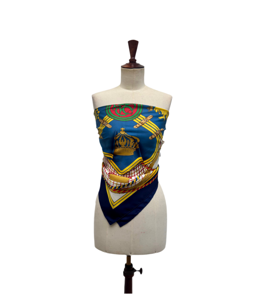 Hermès Carré 90 Silk Scarf Blue Gold Heraldic Equestrian Motif