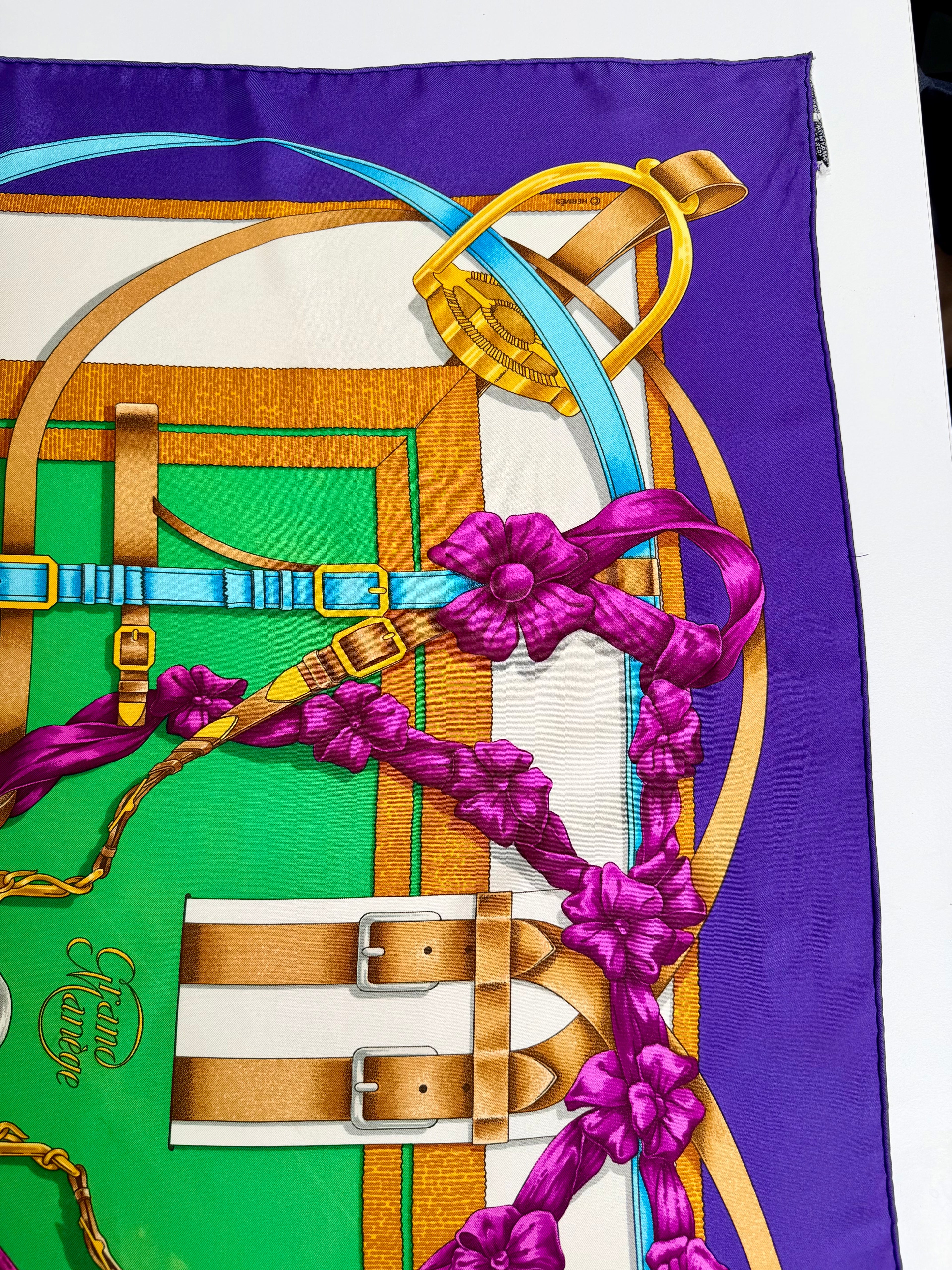 Hermès Grand Manège Silk Scarf 90x90 Purple Green Gold by Henri d’Origny