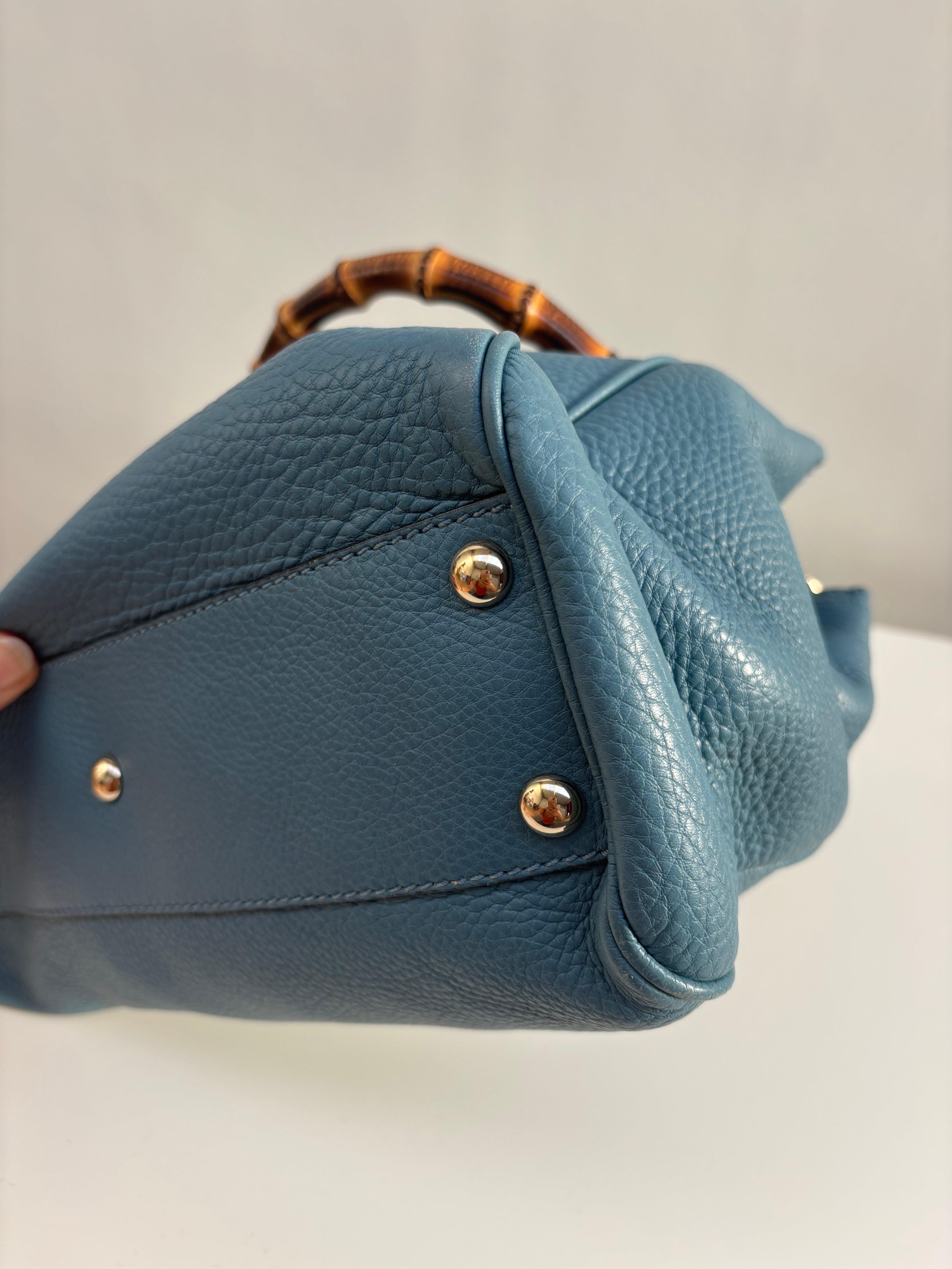 Gucci Bamboo Leather Top Handle Bag Blue Vintage Bamboo Crossbody