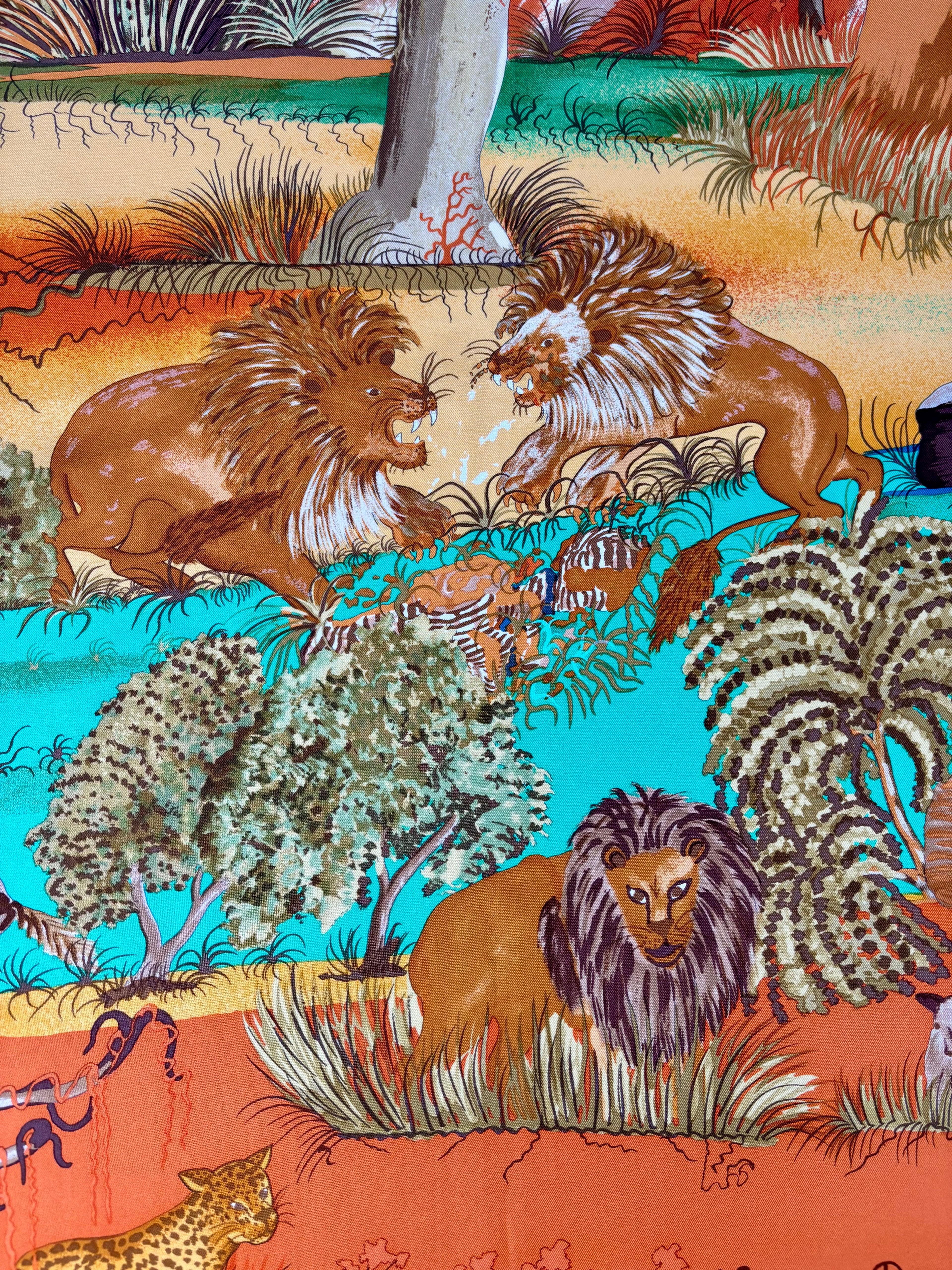 Hermès Vintage Silk Scarf 90×90 Wildlife Lion Design, Made in France