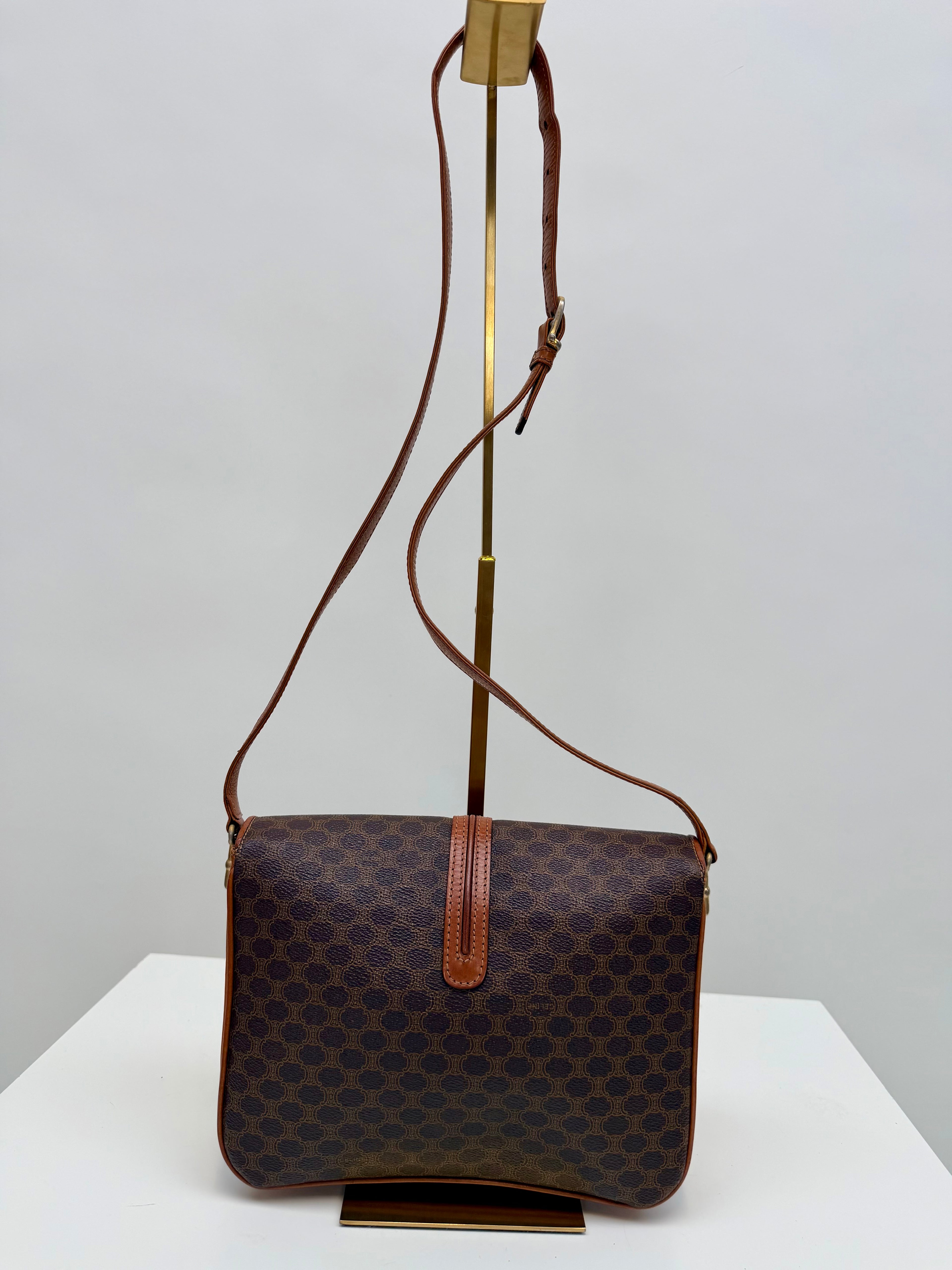 Celine Macadam Vintage Brown Canvas Leather Crossbody Bag