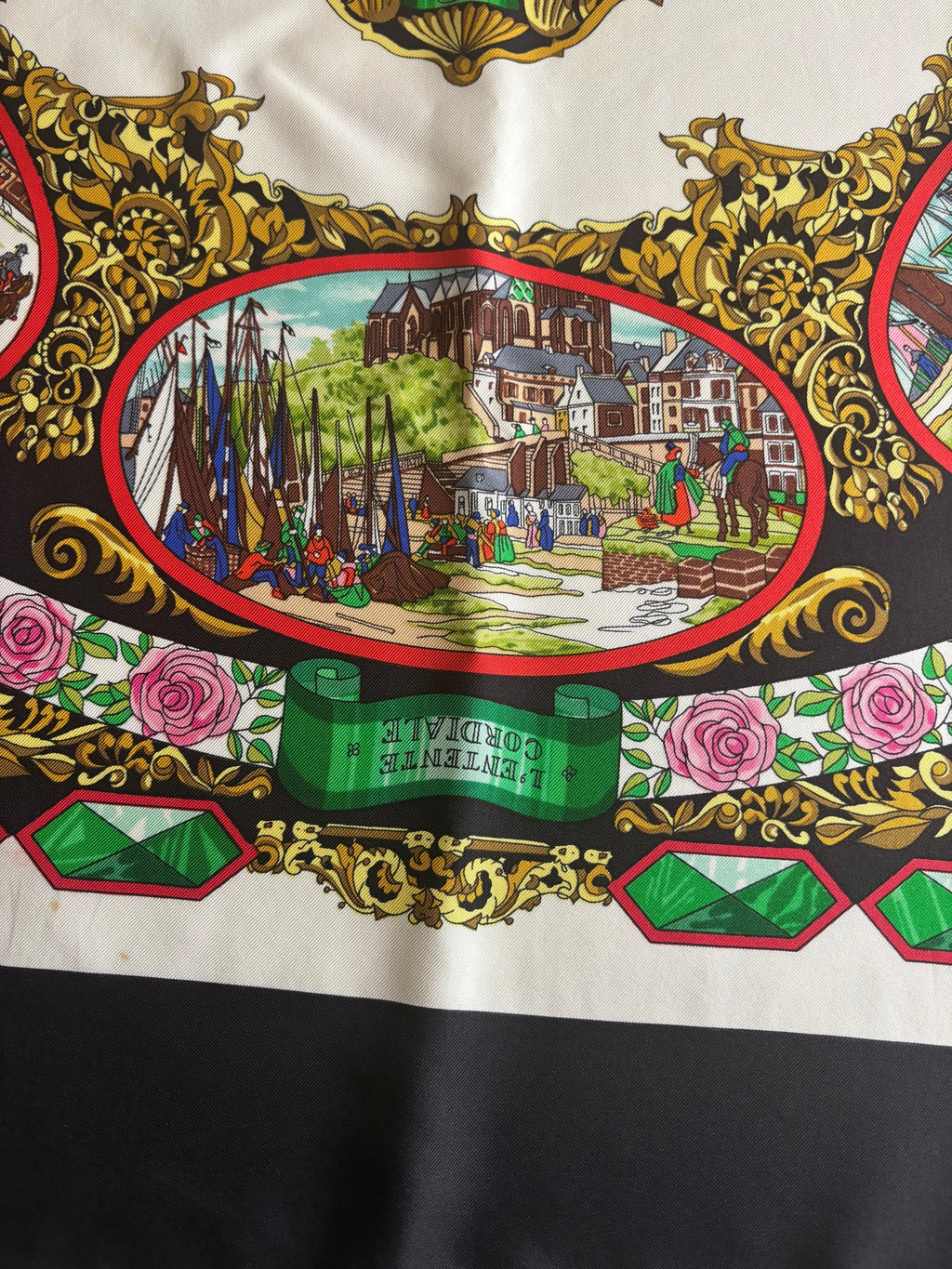 Hermès Vintage Silk Carré 90 Scarf Black Multicolor Print