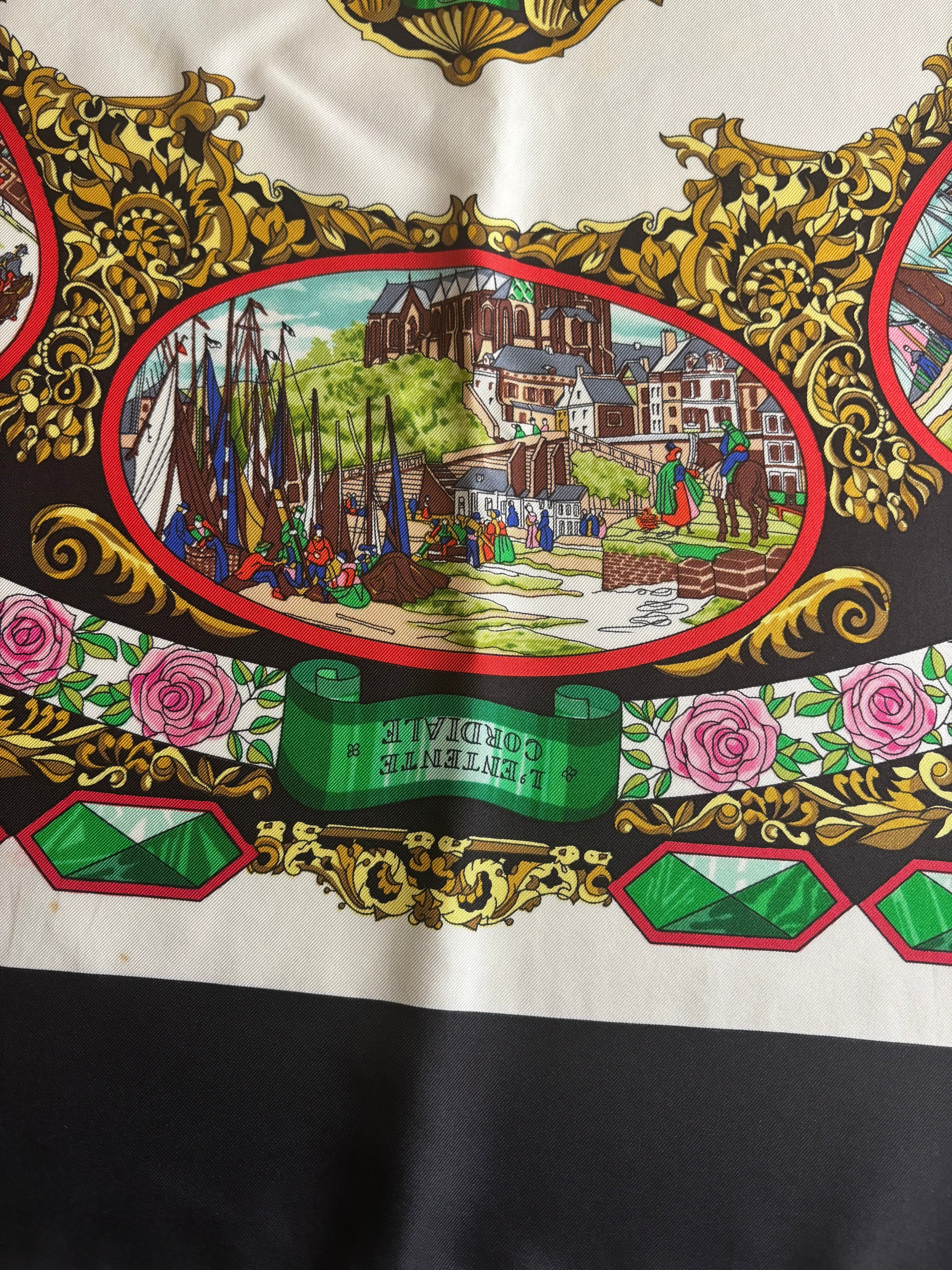 Hermès Vintage Silk Carré 90 Scarf Black Multicolor Print