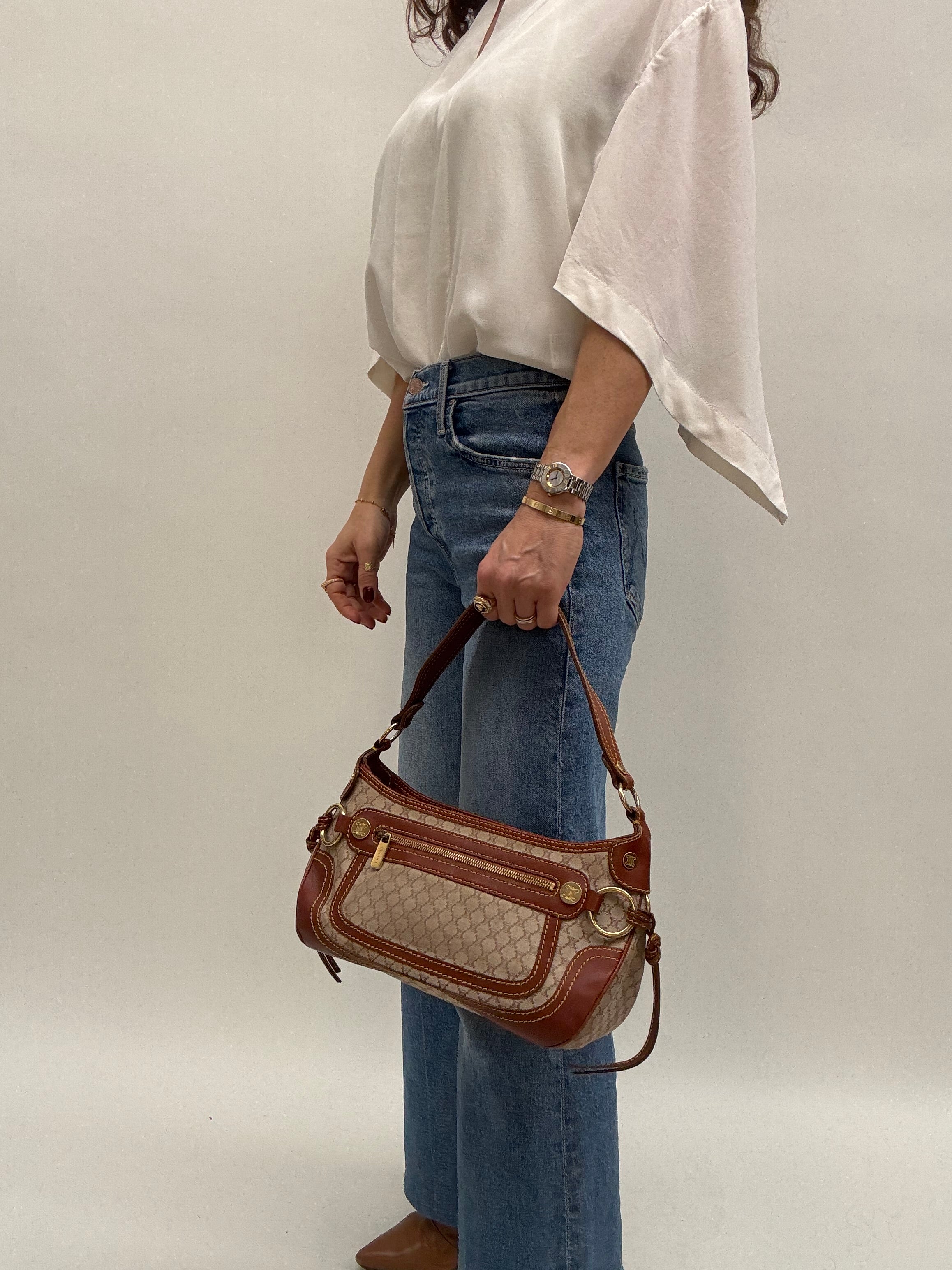 Céline Macadam Baguette Shoulder Bag Brown Canvas Leather Vintage 90s