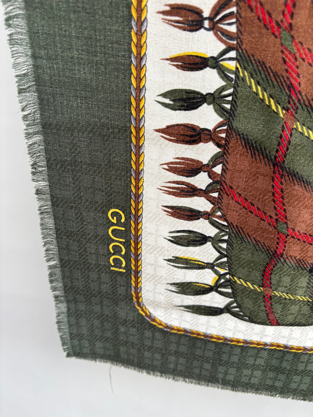 Gucci Luxury Oversized Wool Silk Scarf 135x135 Green Brown