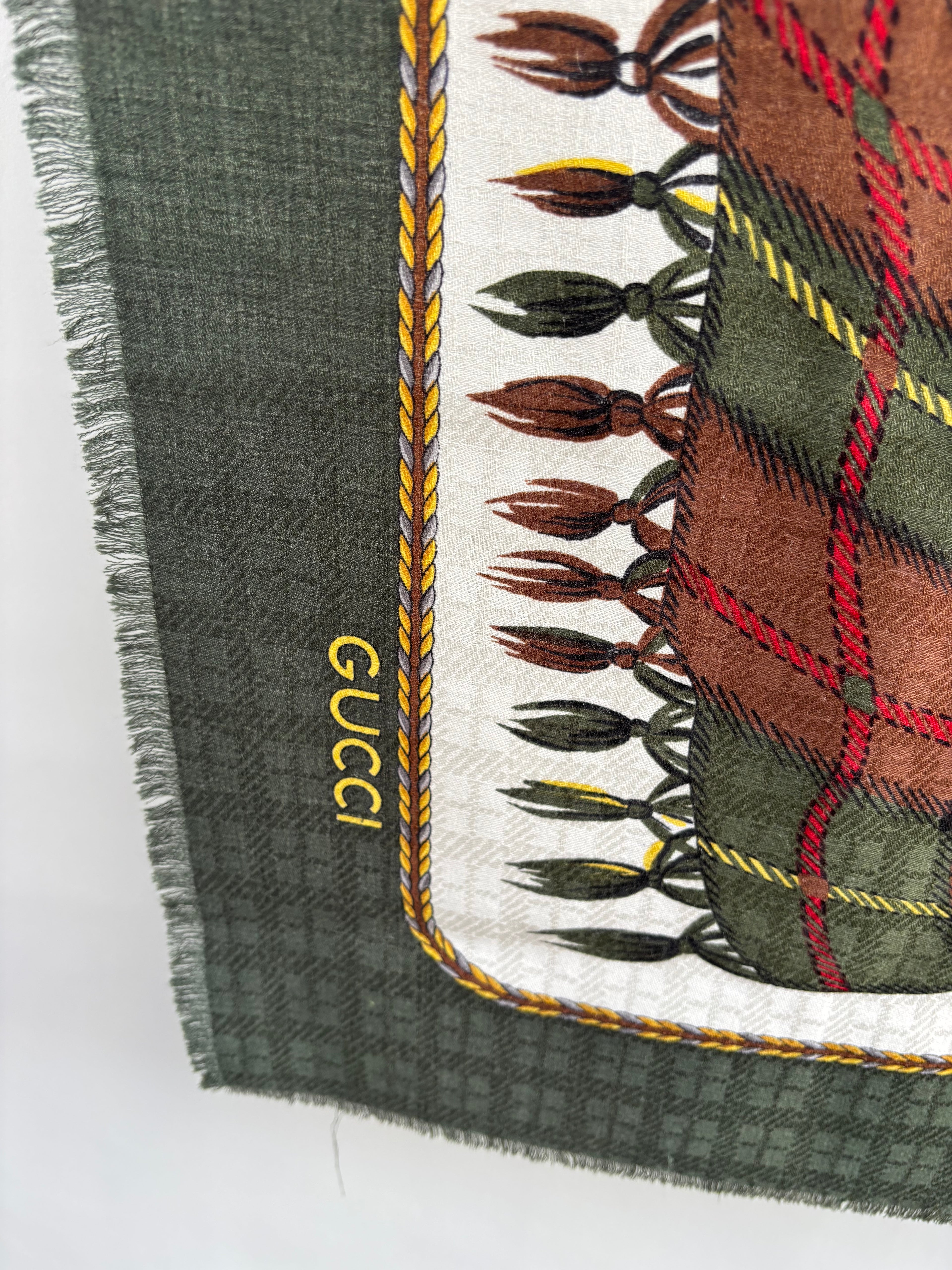Gucci Luxury Oversized Wool Silk Scarf 135x135 Green Brown