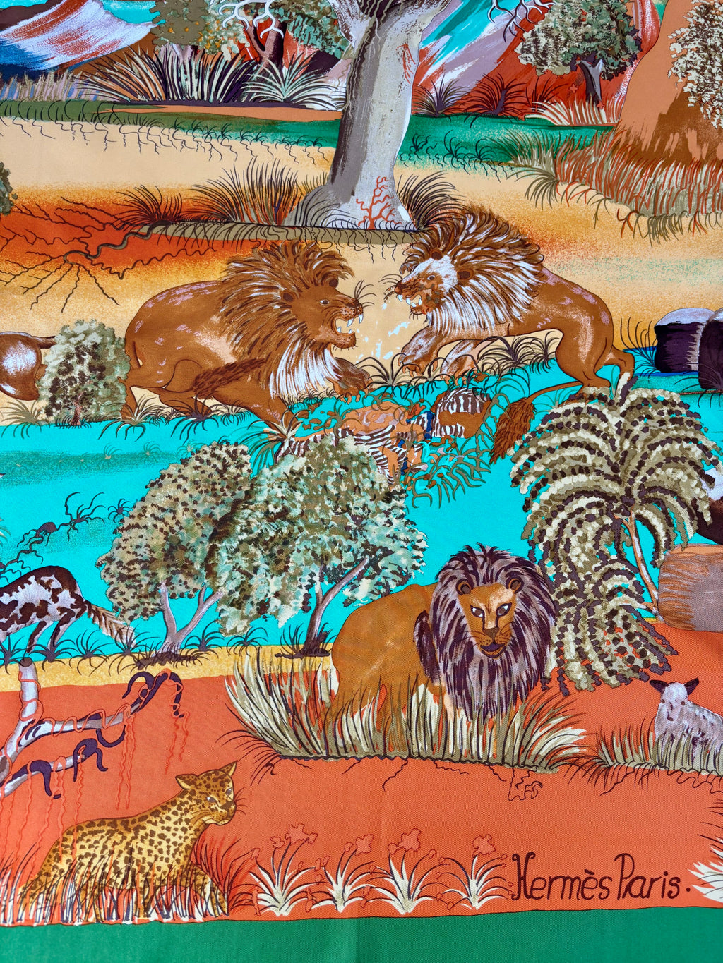 Hermès Vintage Silk Scarf 90×90 Wildlife Lion Design, Made in France