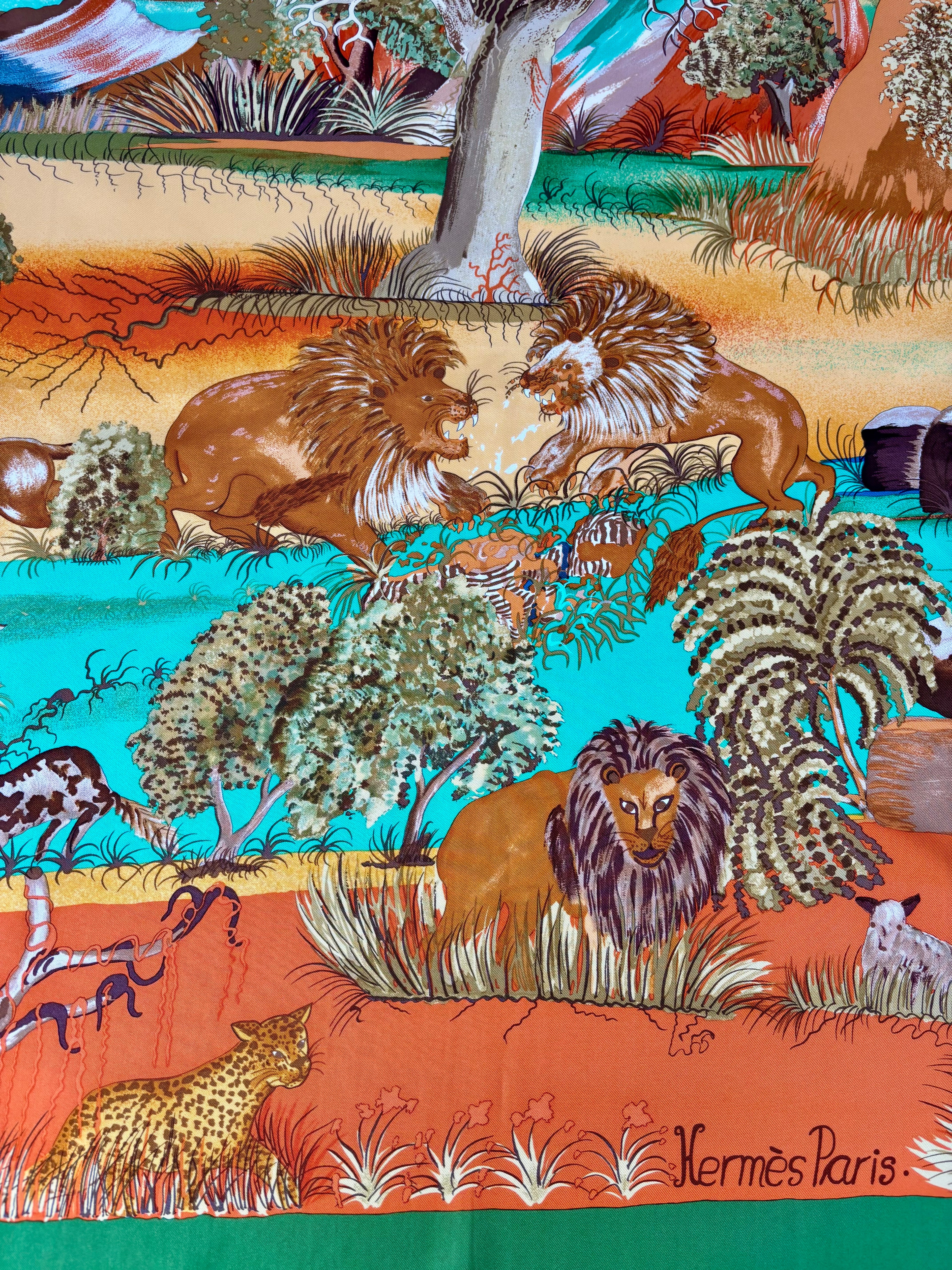 Hermès Vintage Silk Scarf 90×90 Wildlife Lion Design, Made in France