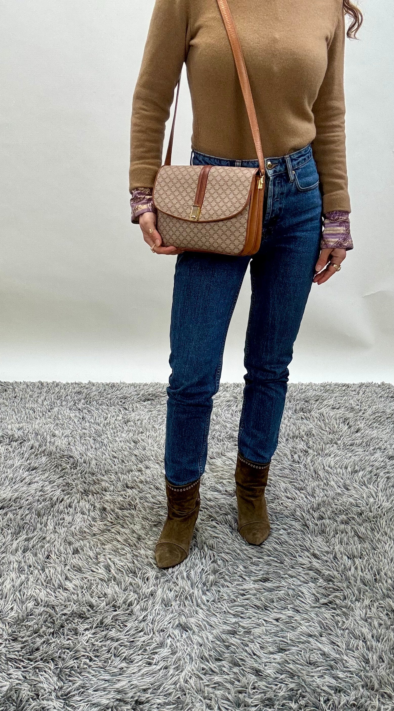 Celine Vintage 90s Macadam Crossbody Bag Beige Brown Canvas