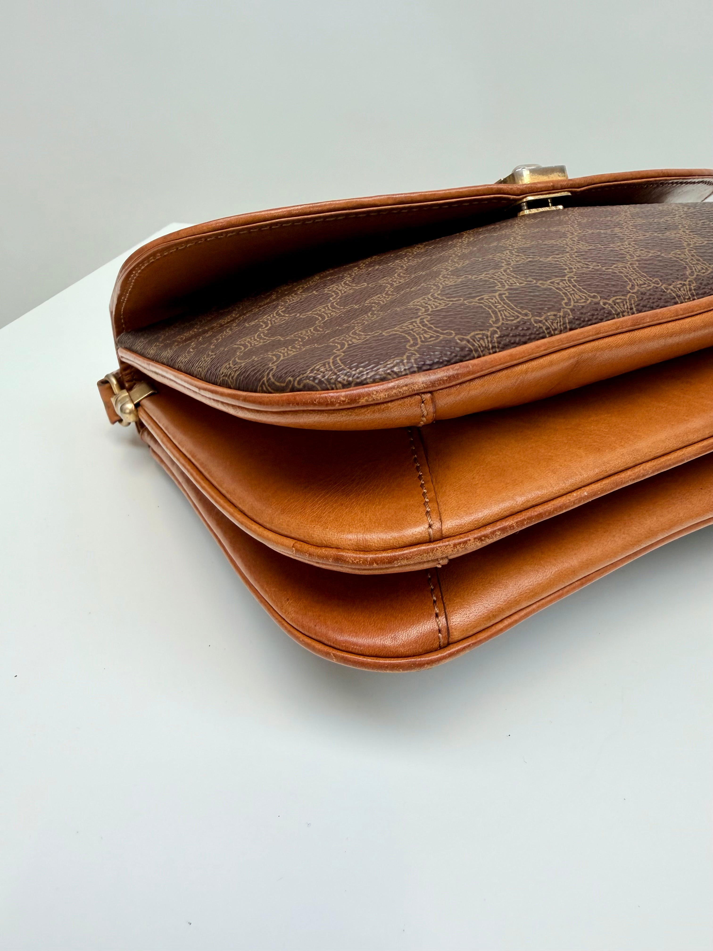 Celine Macadam Vintage Brown Canvas Leather Crossbody Bag