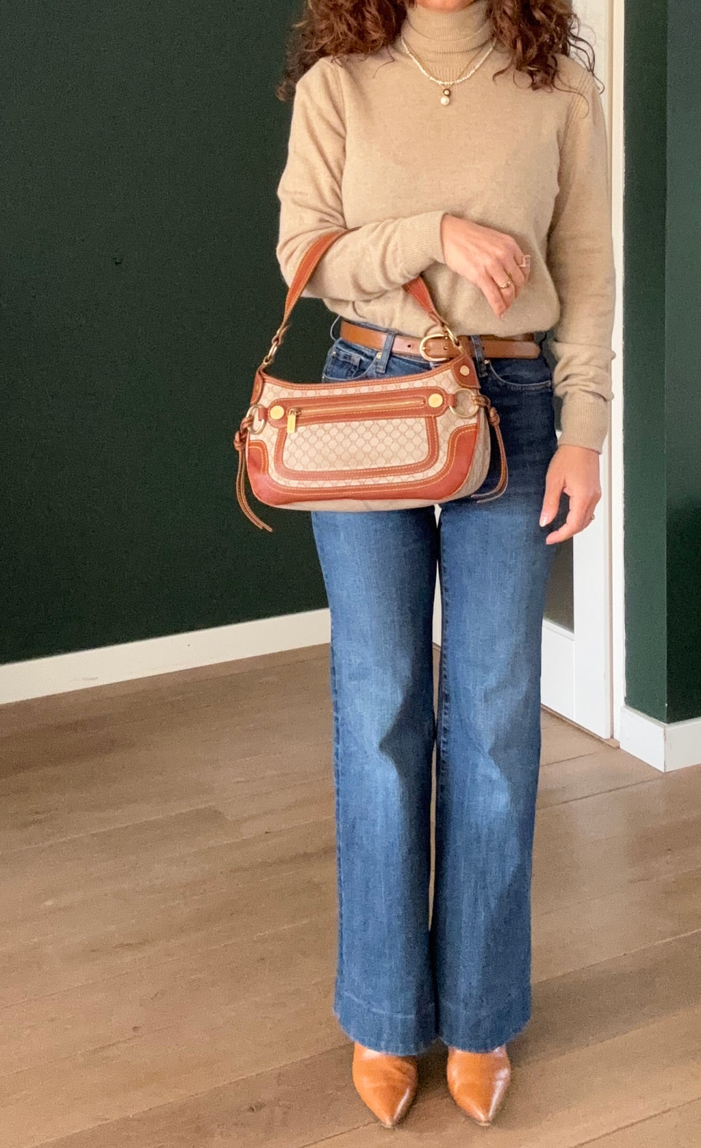 Celine Vintage 90s Brown Leather / Canvas Handbag