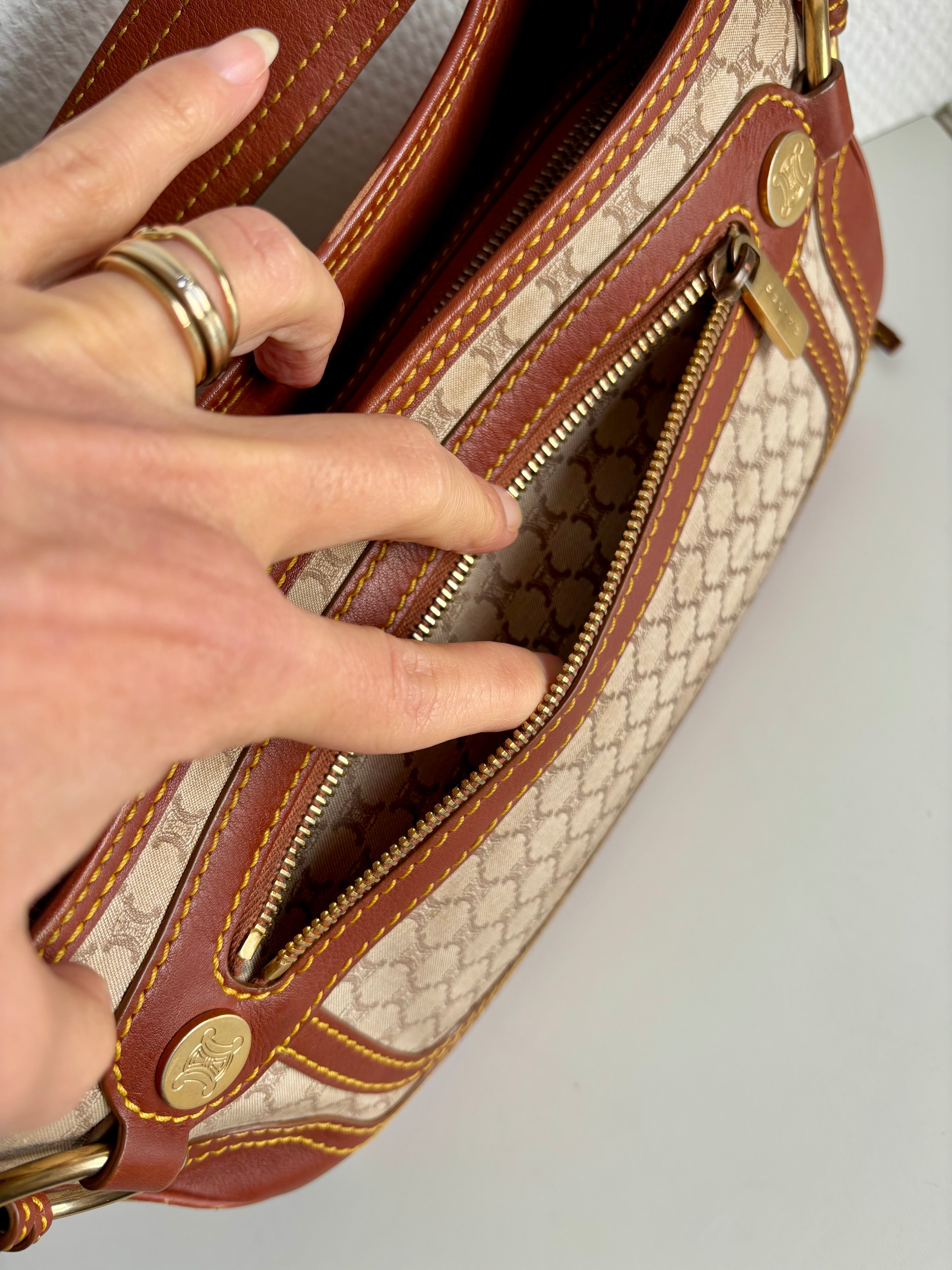 Céline Macadam Baguette Shoulder Bag Brown Canvas Leather Vintage 90s