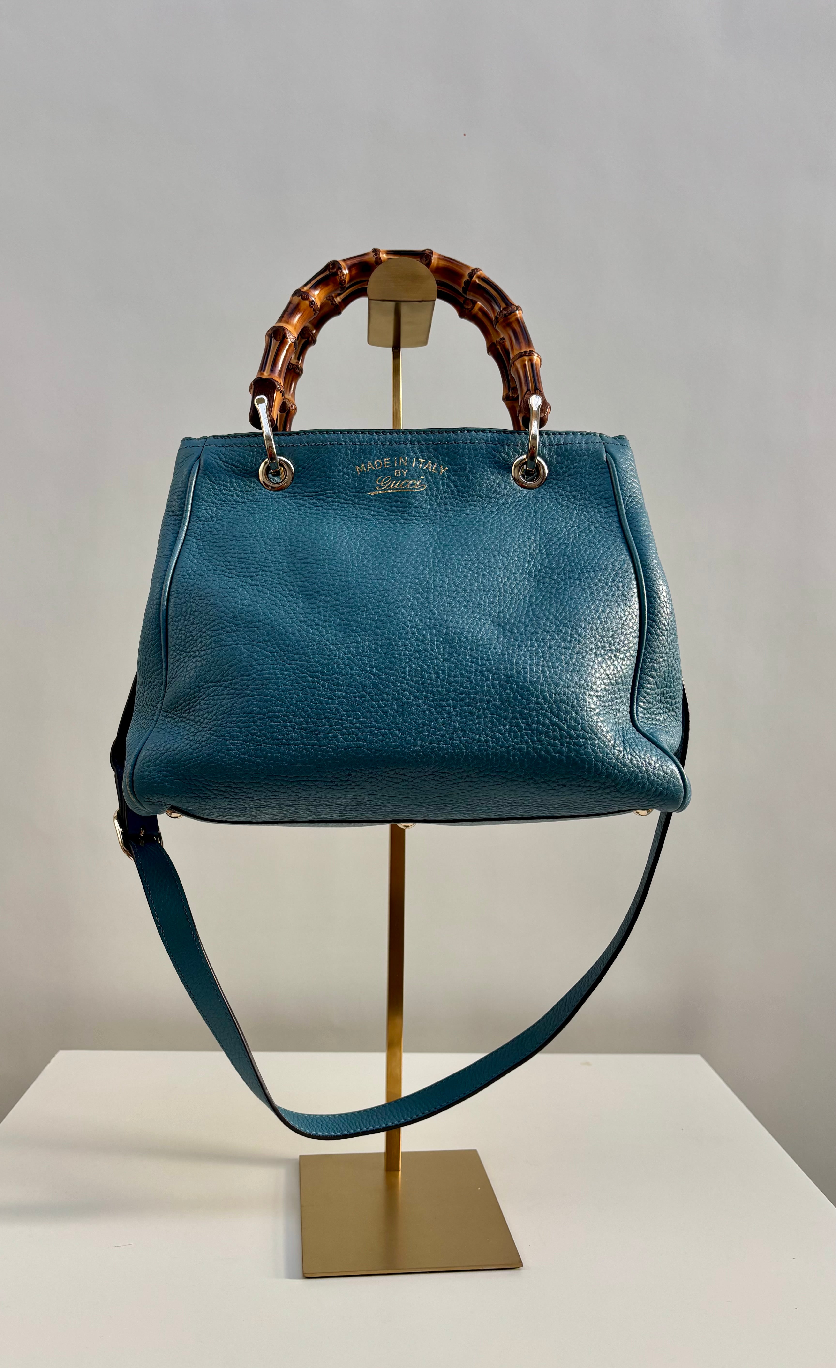 Gucci Bamboo Leather Top Handle Bag Blue Vintage Bamboo Crossbody