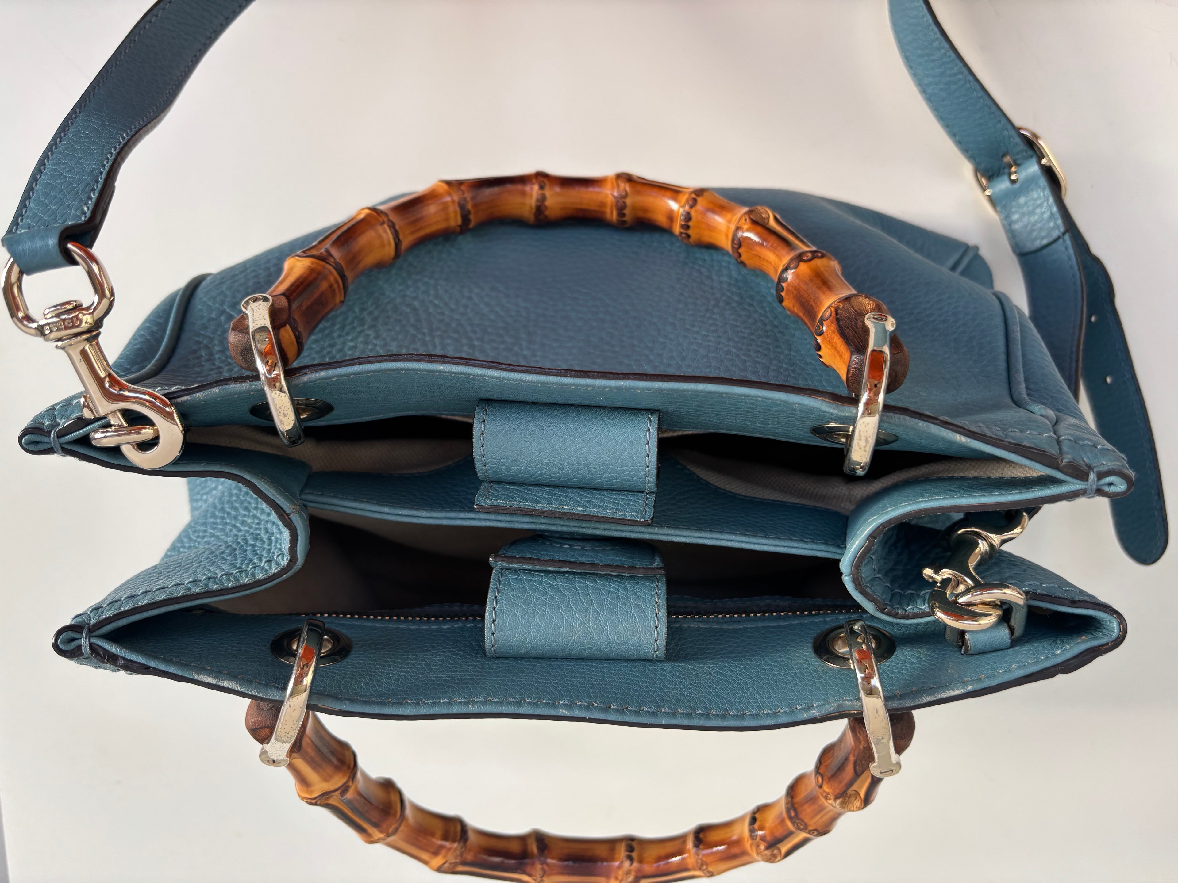 Gucci Bamboo Leather Top Handle Bag Blue Vintage Bamboo Crossbody