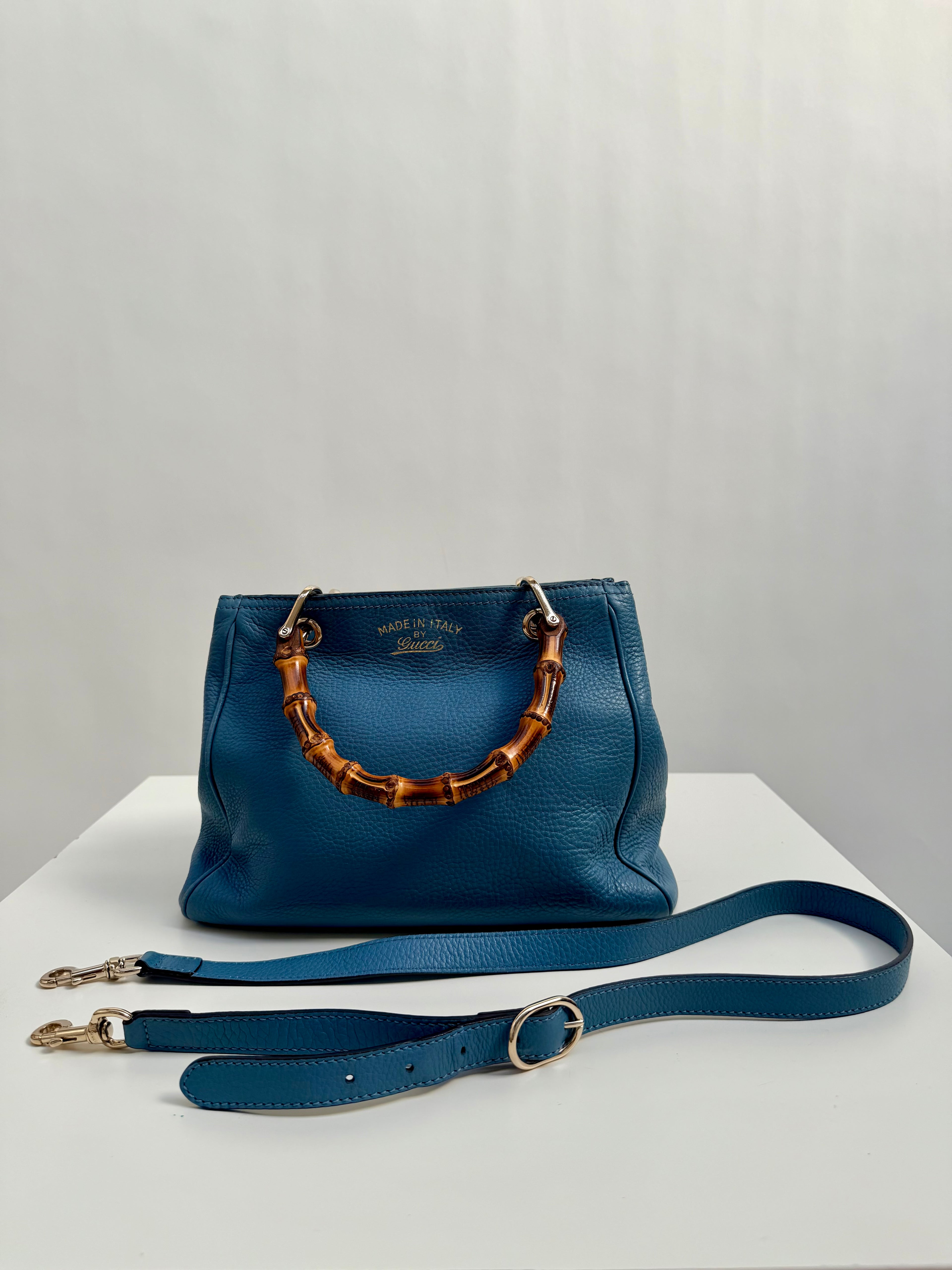 Gucci Bamboo Leather Top Handle Bag Blue Vintage Bamboo Crossbody