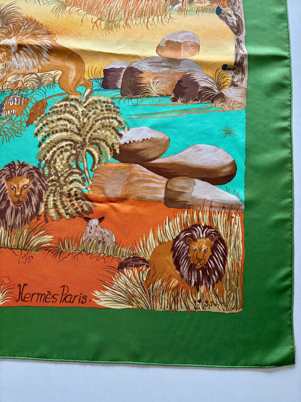 Hermès Vintage Silk Scarf 90×90 Wildlife Lion Design, Made in France