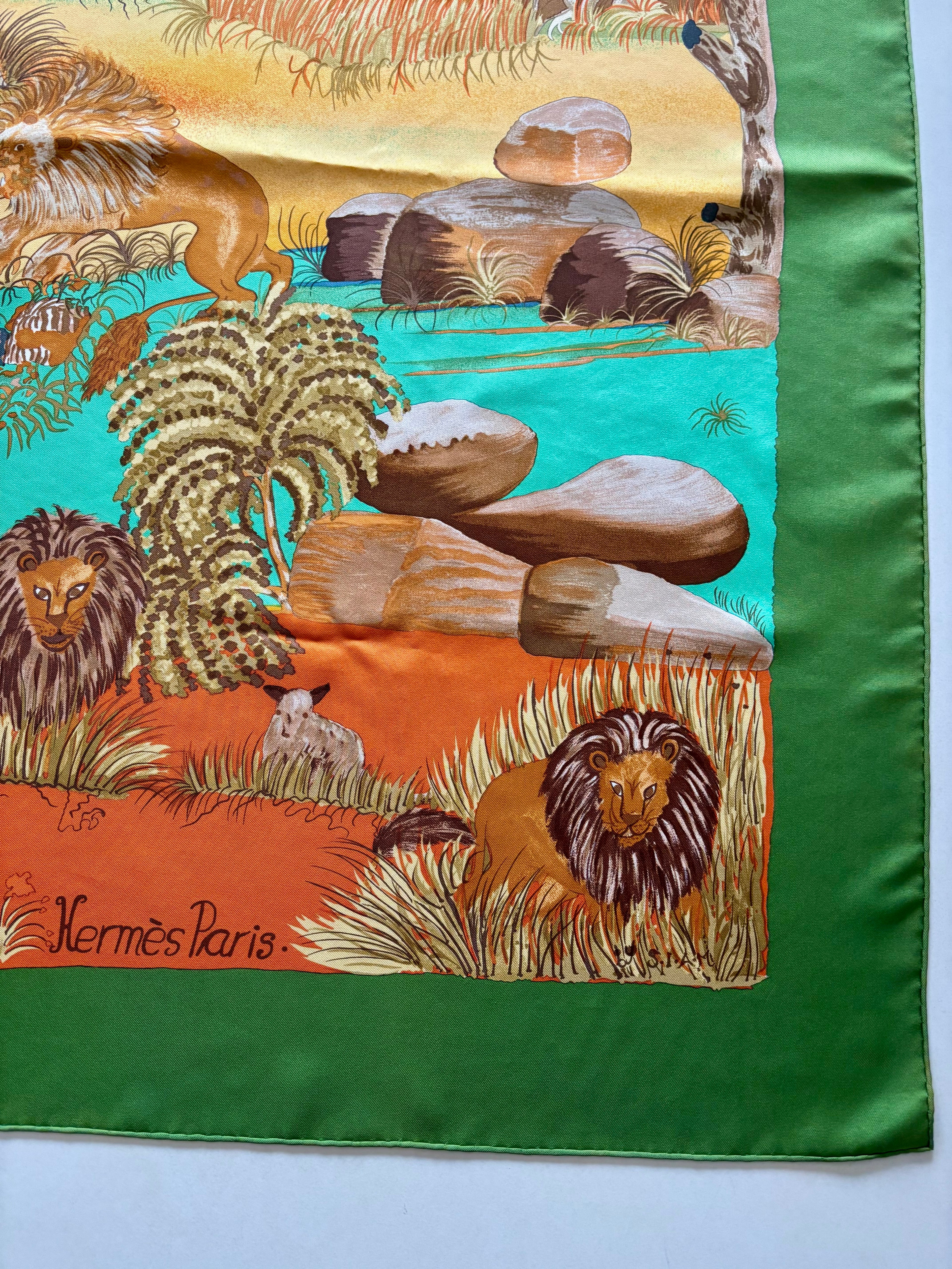 Hermès Vintage Silk Scarf 90×90 Wildlife Lion Design, Made in France