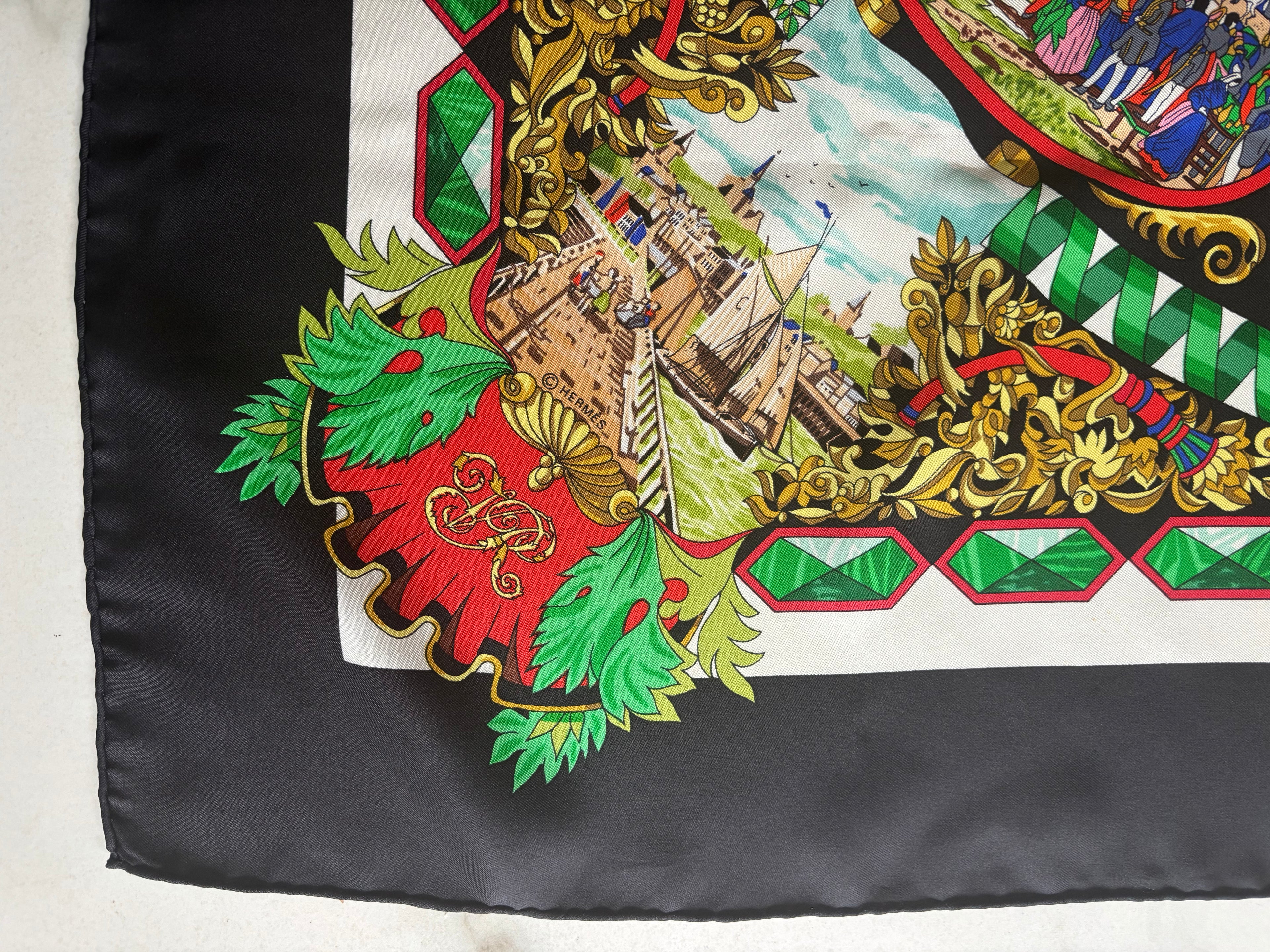 Hermès Vintage Silk Carré 90 Scarf Black Multicolor Print