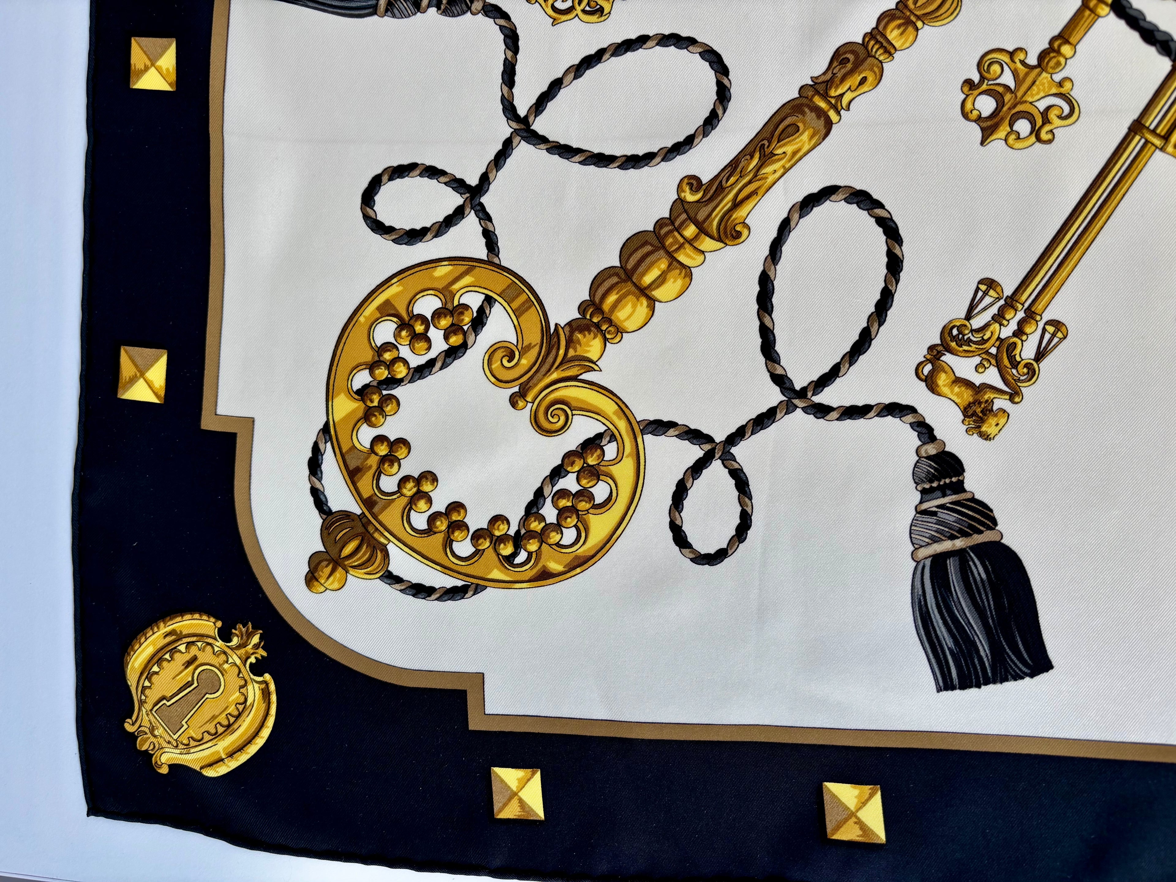 Hermès Les Clés Silk Scarf 90x90 Black Gold Vintage Carré Designer Luxury Key Motif