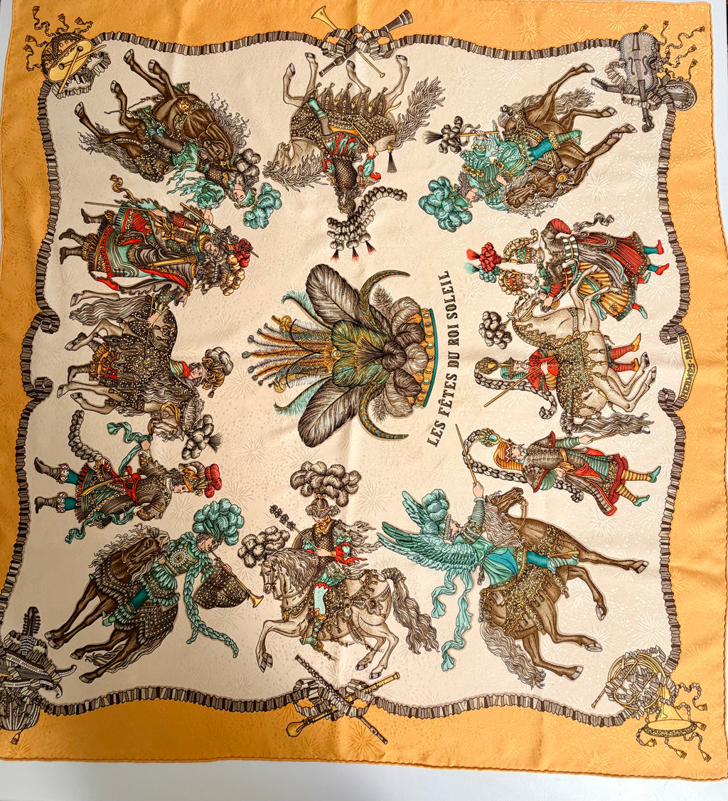 Hermès Les Fêtes du Roi Soleil Carré 90 Silk Scarf Yellow Ivory by Loïc Dubigeon