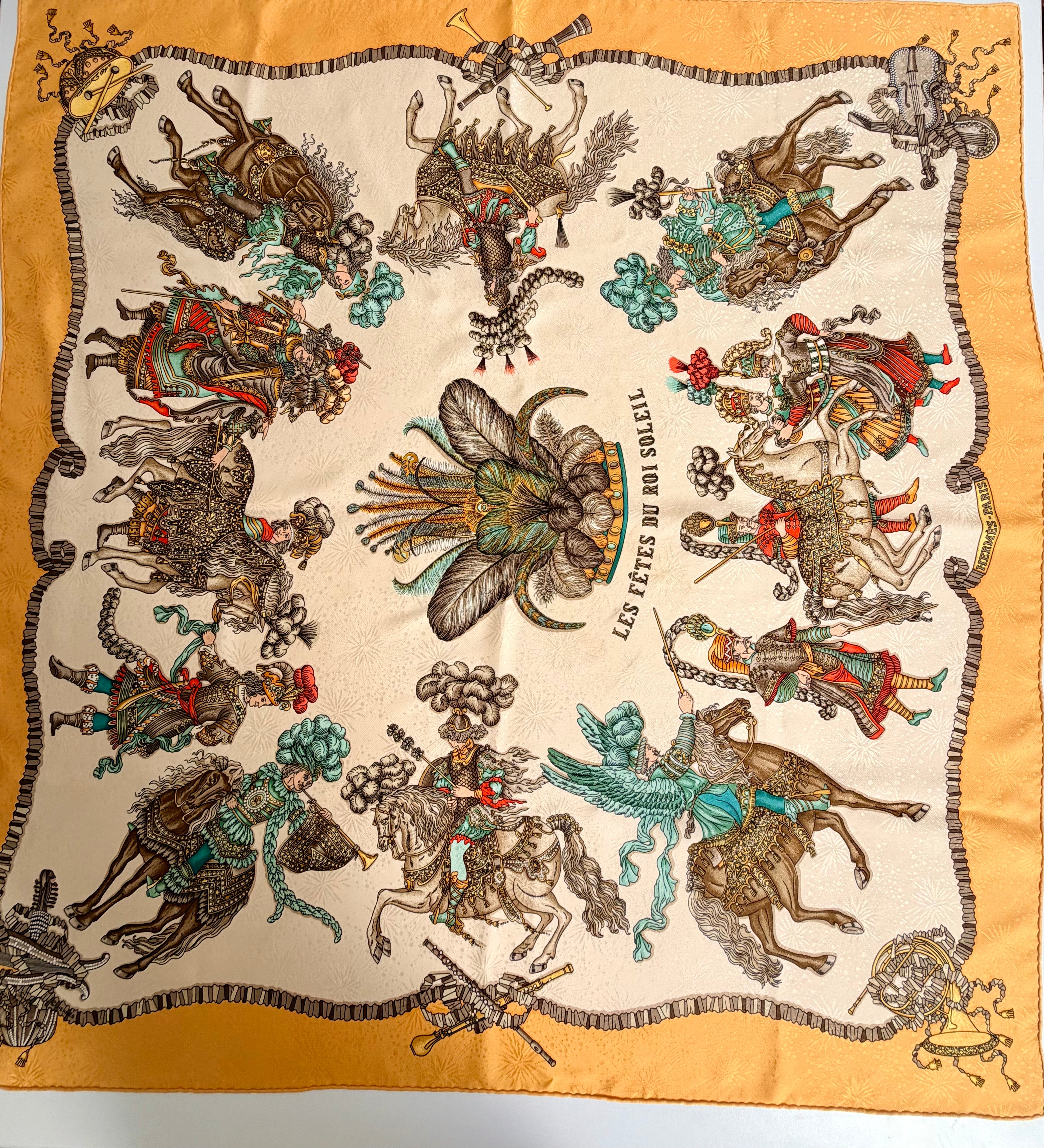 Hermès Les Fêtes du Roi Soleil Carré 90 Silk Scarf Yellow Ivory by Loïc Dubigeon