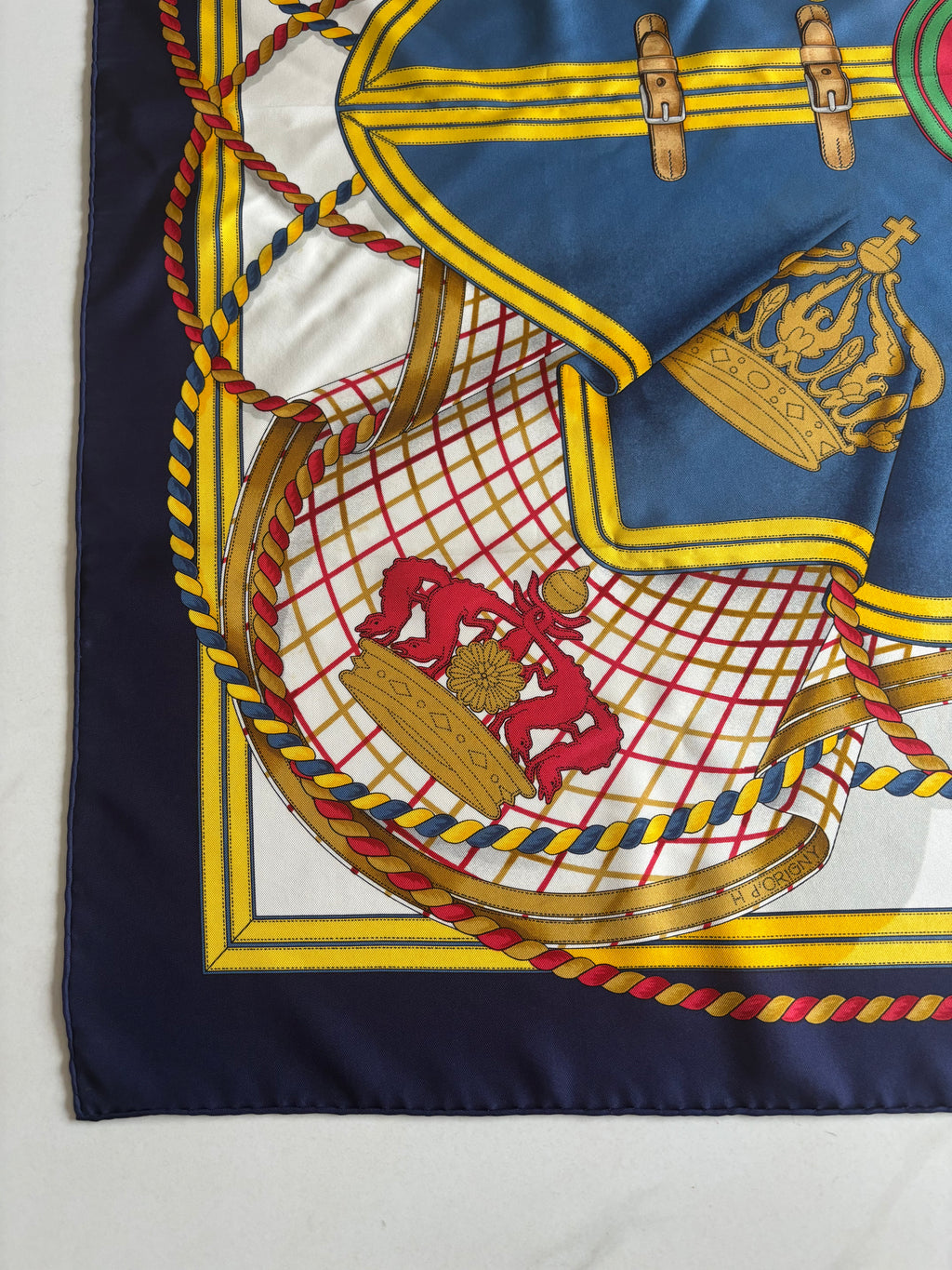 Hermès Carré 90 Silk Scarf Blue Gold Heraldic Equestrian Motif