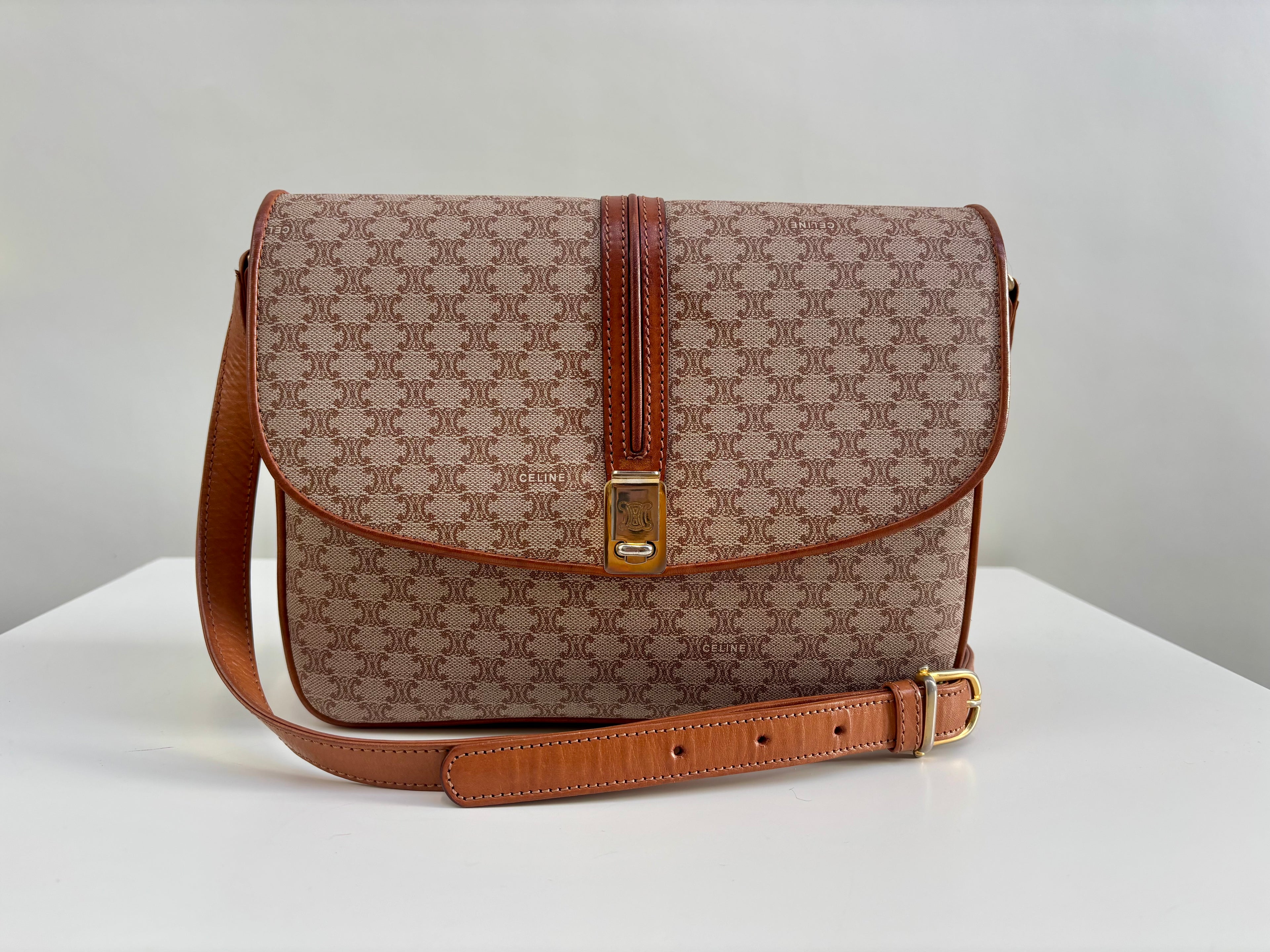 Celine Vintage 90s Macadam Crossbody Bag Beige Brown Canvas