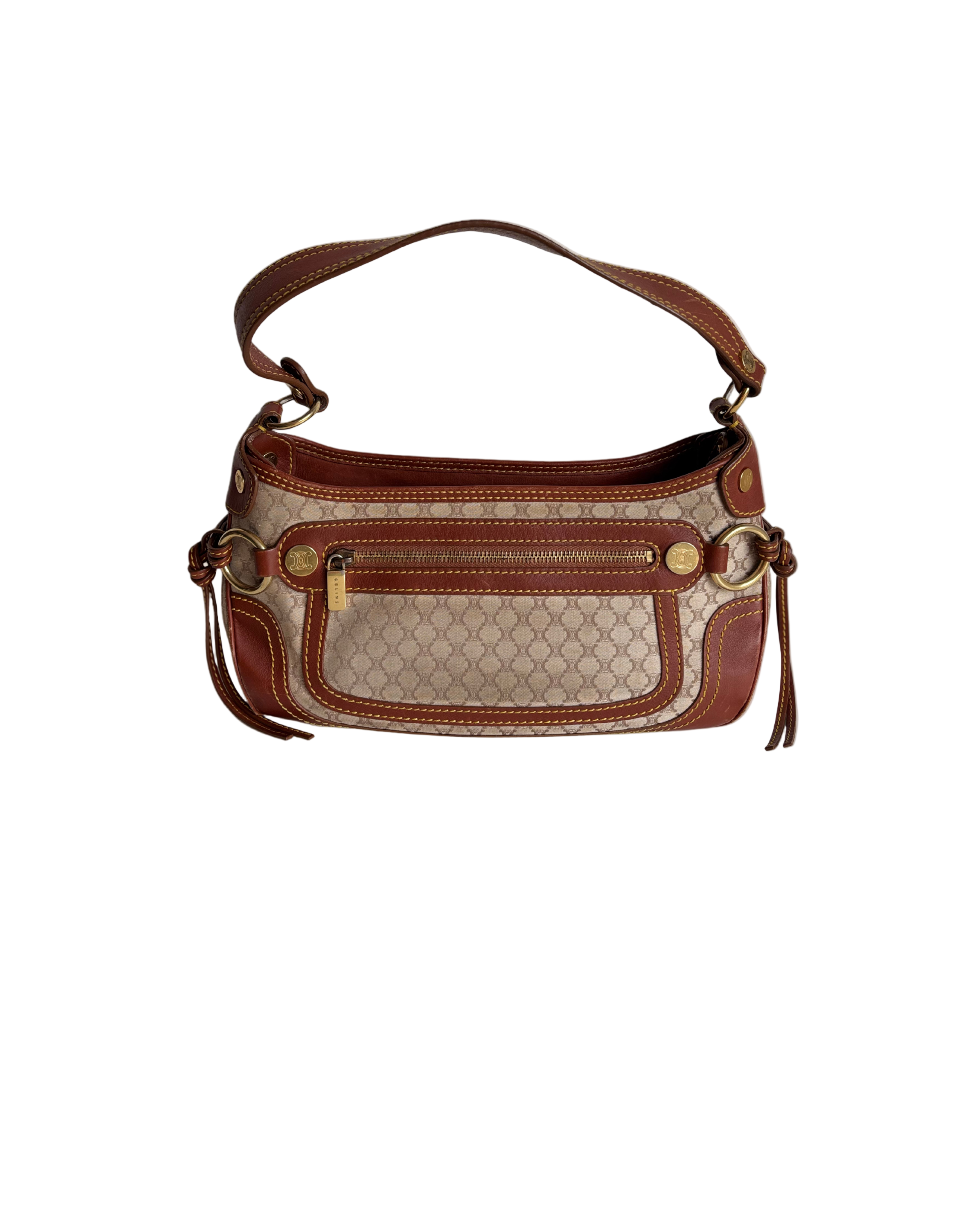 Celine Vintage 90s Brown Leather / Canvas Handbag