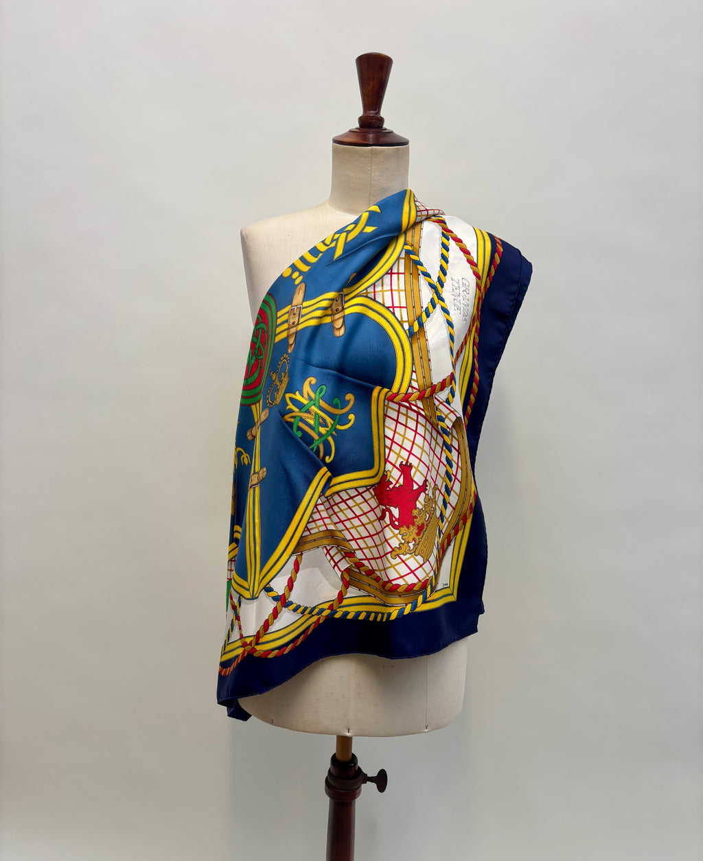 Hermès Carré 90 Silk Scarf Blue Gold Heraldic Equestrian Motif