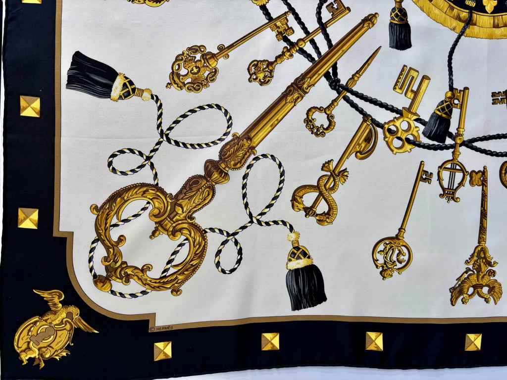 Hermès Les Clés Silk Scarf 90x90 Black Gold Vintage Carré Designer Luxury Key Motif