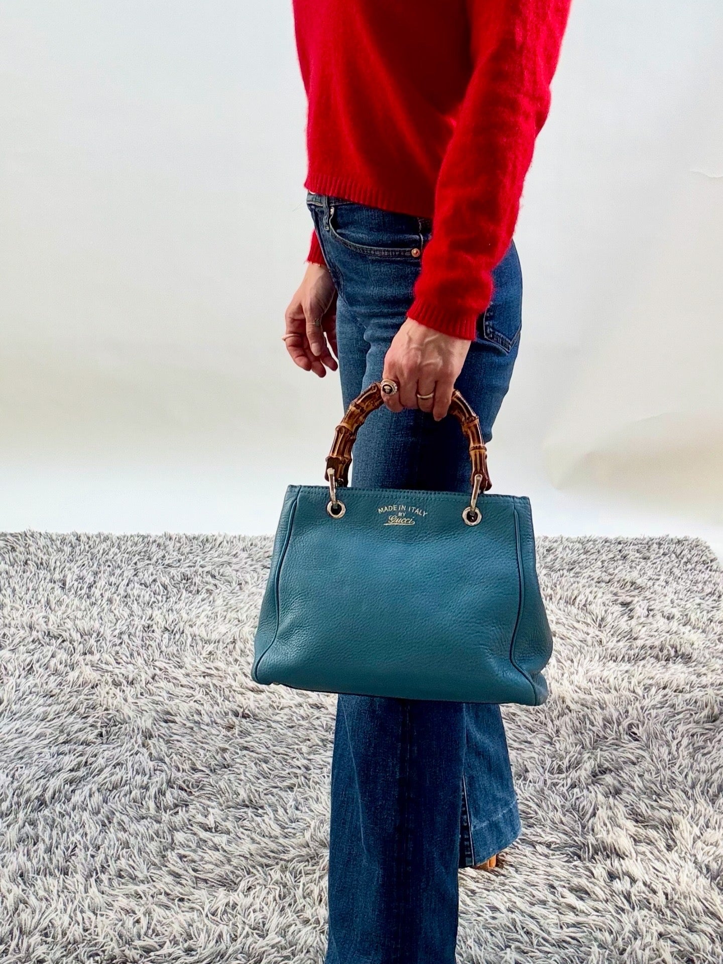 Gucci Bamboo Leather Top Handle Bag Blue Vintage Bamboo Crossbody