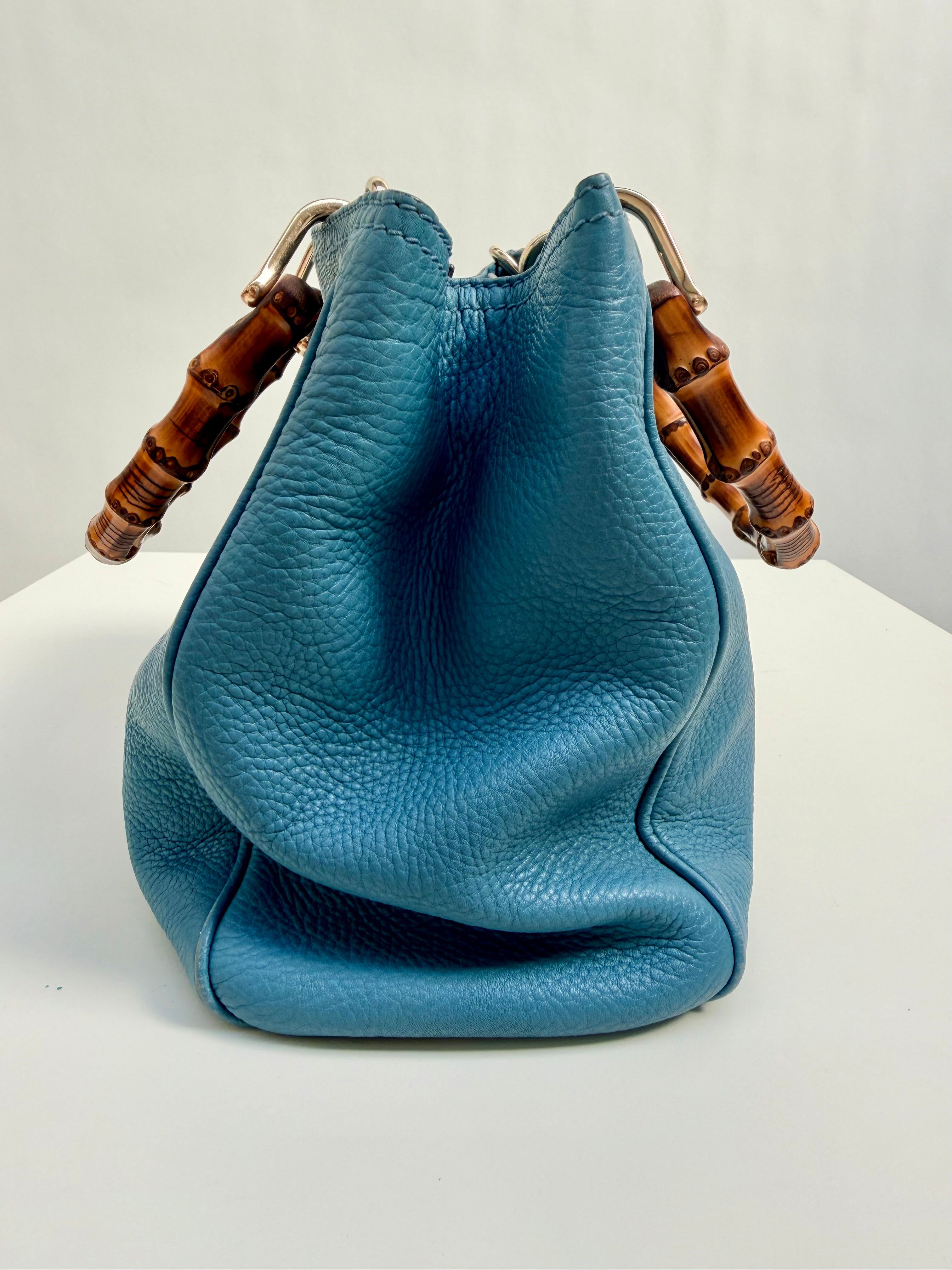 Gucci Bamboo Leather Top Handle Bag Blue Vintage Bamboo Crossbody