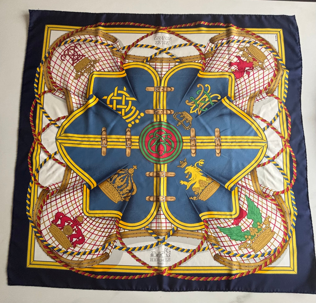Hermès Carré 90 Silk Scarf Blue Gold Heraldic Equestrian Motif