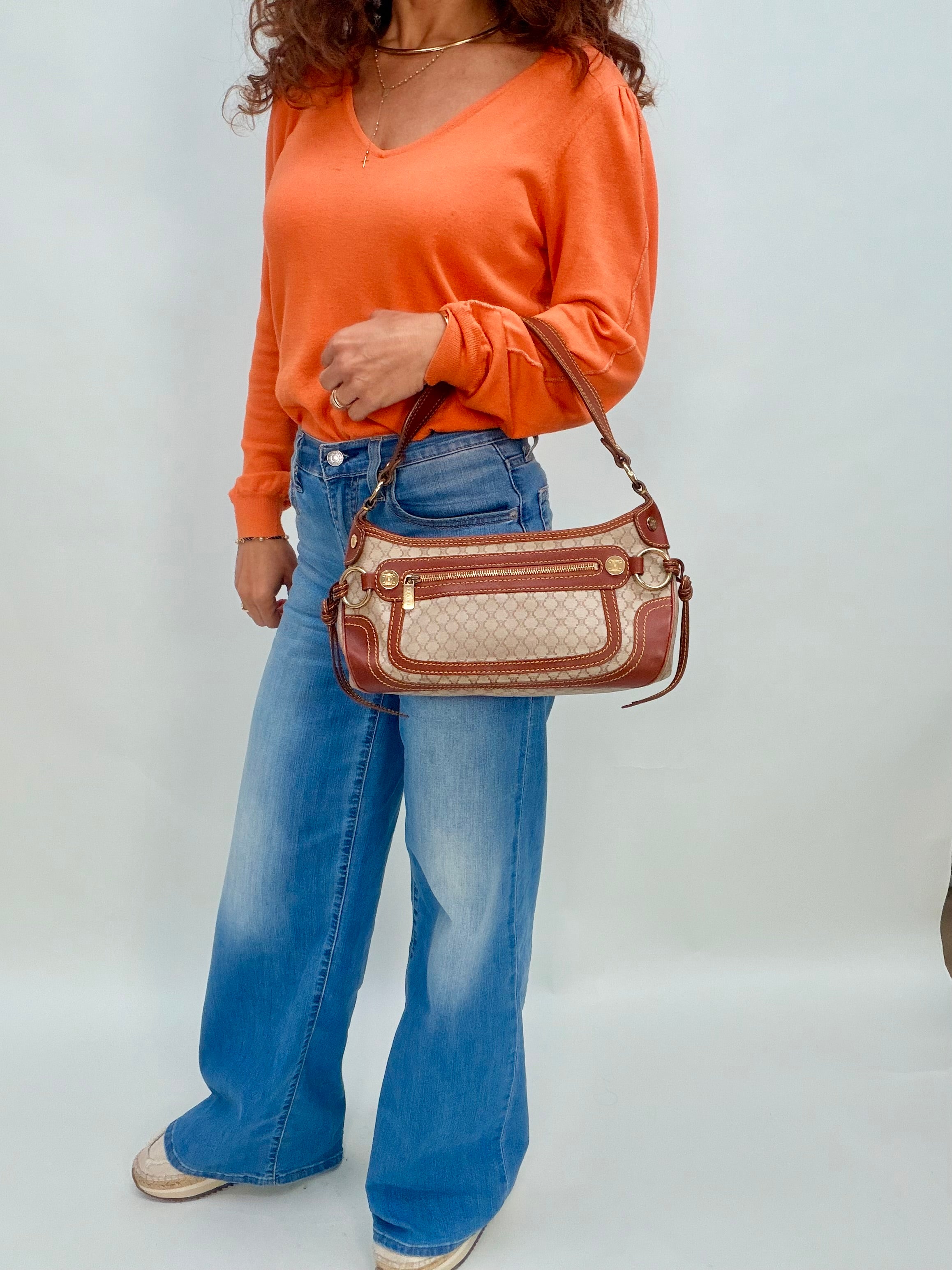 Céline Macadam Baguette Shoulder Bag Brown Canvas Leather Vintage 90s