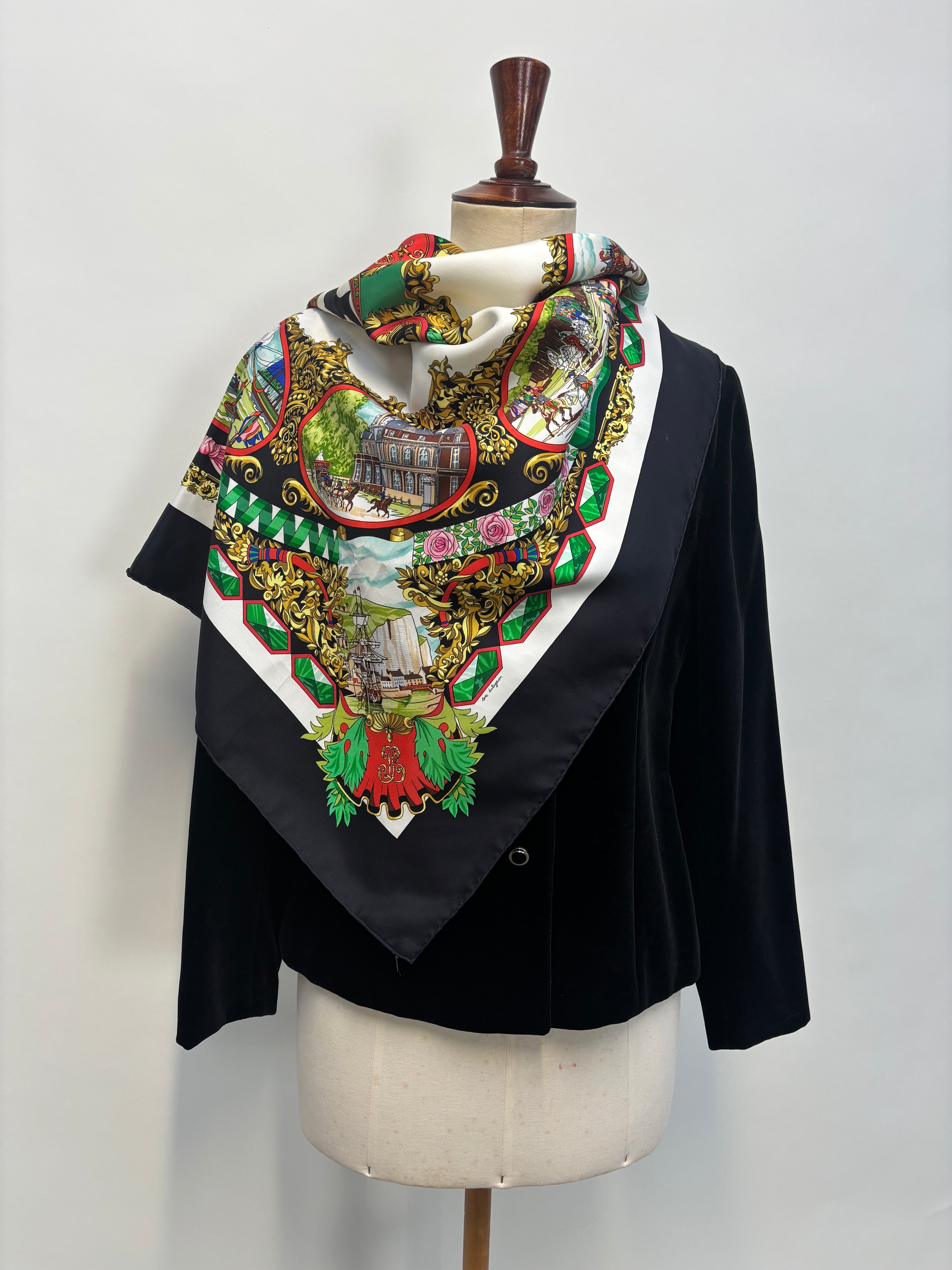 Hermès Vintage Silk Carré 90 Scarf Black Multicolor Print