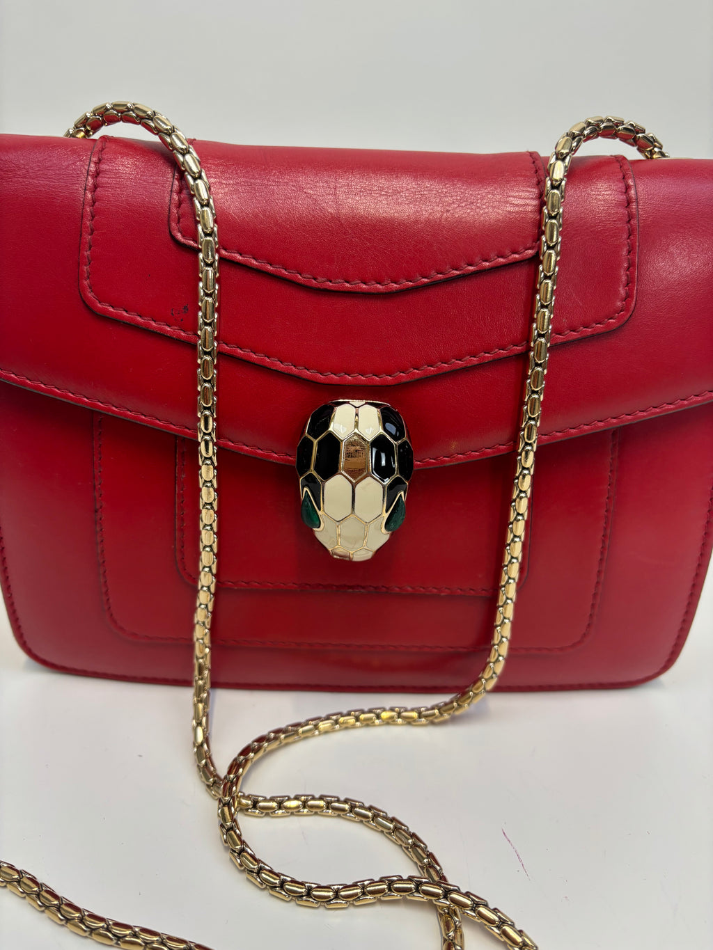 Bvlgari Serpenti Shoulder Bag Red Leather with Gold Strap