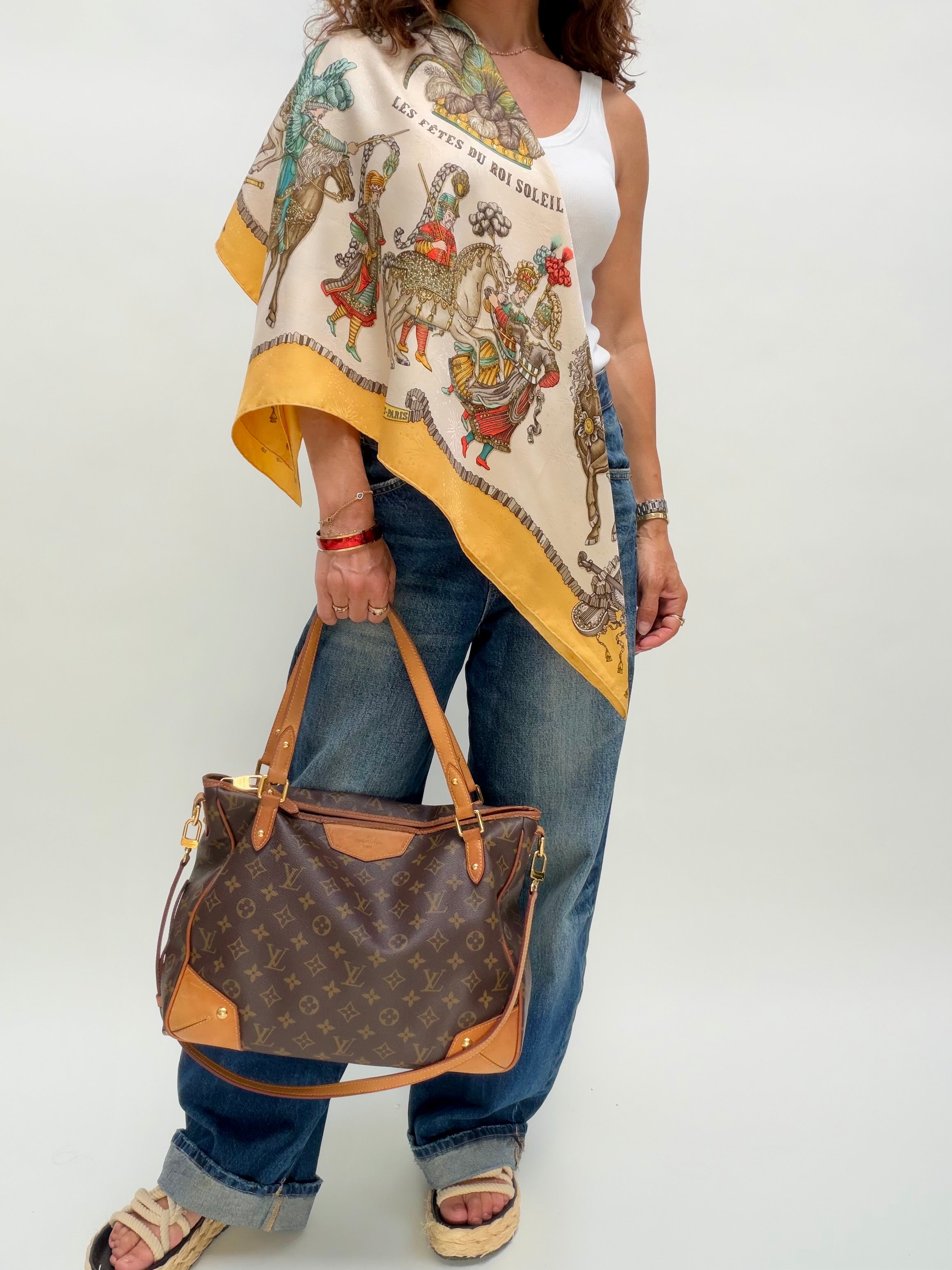 Hermès Les Fêtes du Roi Soleil Carré 90 Silk Scarf Yellow Ivory by Loïc Dubigeon