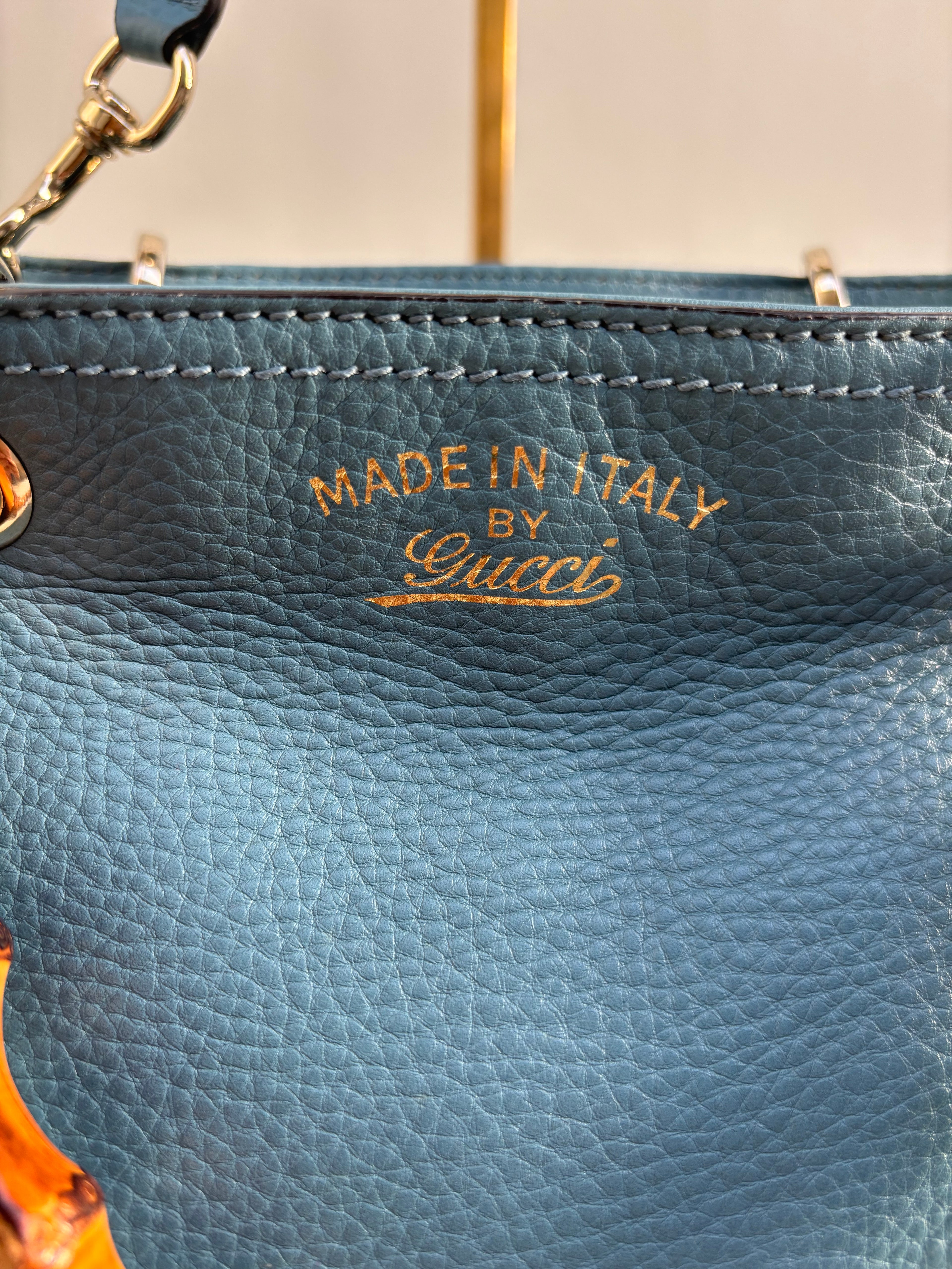 Gucci Bamboo Leather Top Handle Bag Blue Vintage Bamboo Crossbody
