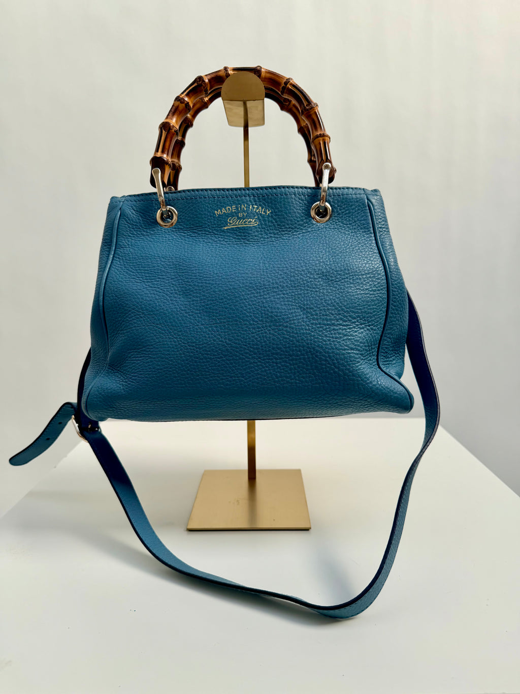 Gucci Bamboo Leather Top Handle Bag Blue Vintage Bamboo Crossbody