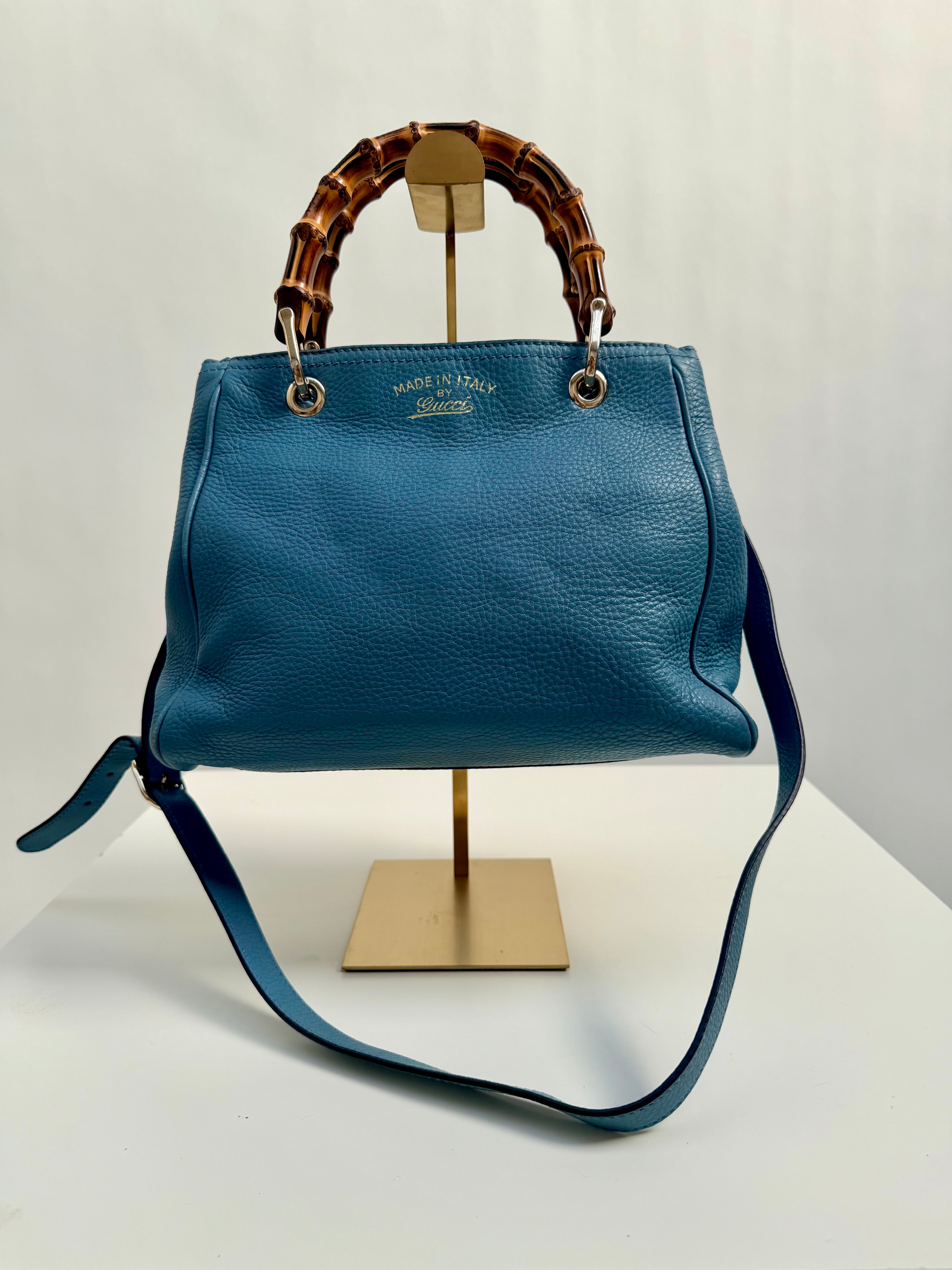 Gucci Bamboo Leather Top Handle Bag Blue Vintage Bamboo Crossbody