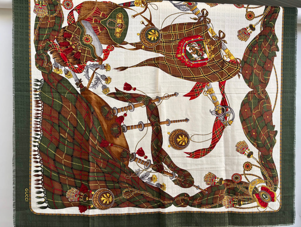 Gucci Luxury Oversized Wool Silk Scarf 135x135 Green Brown