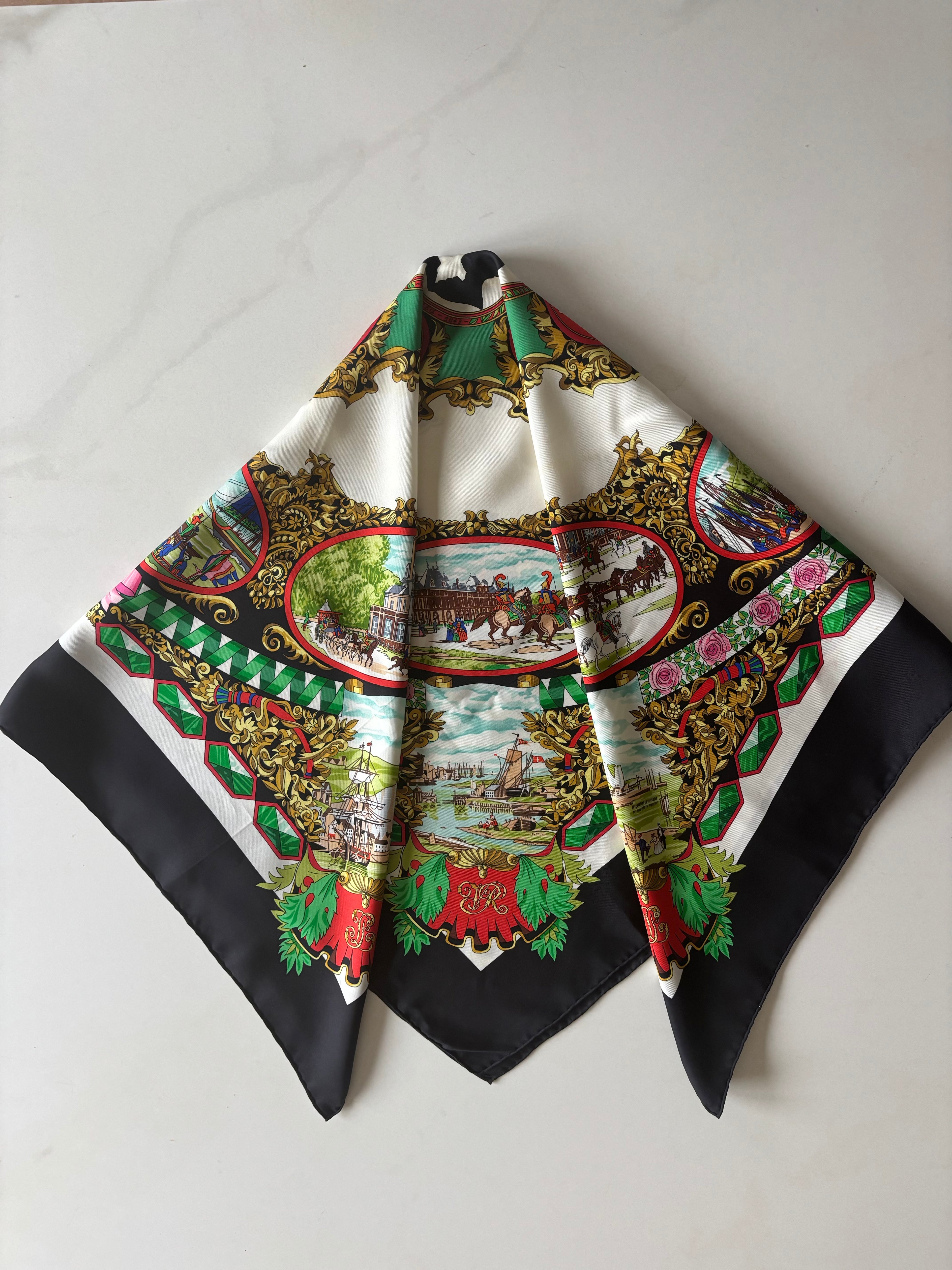 Hermès Vintage Silk Carré 90 Scarf Black Multicolor Print