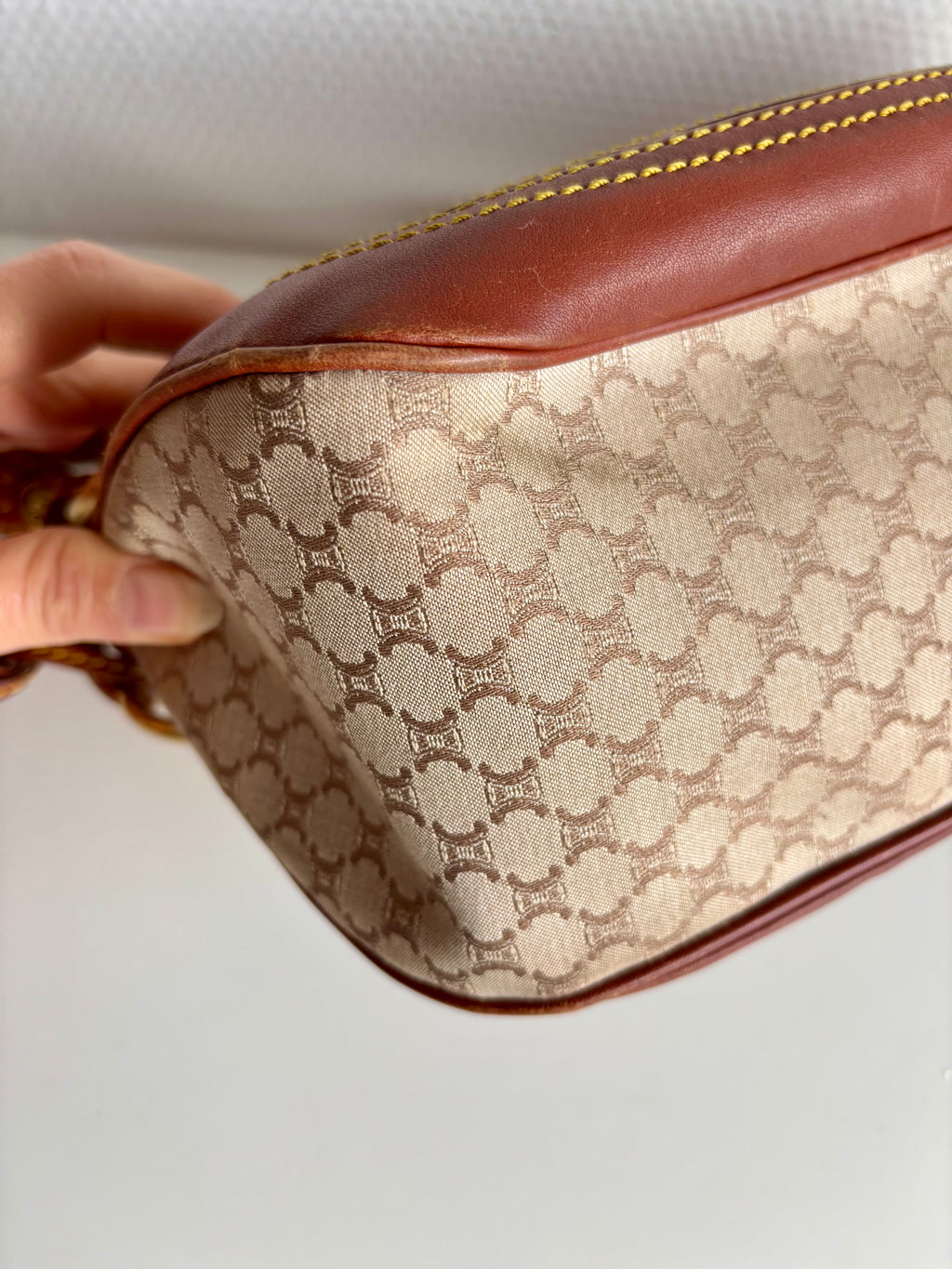 Celine Vintage 90s Brown Leather / Canvas Handbag