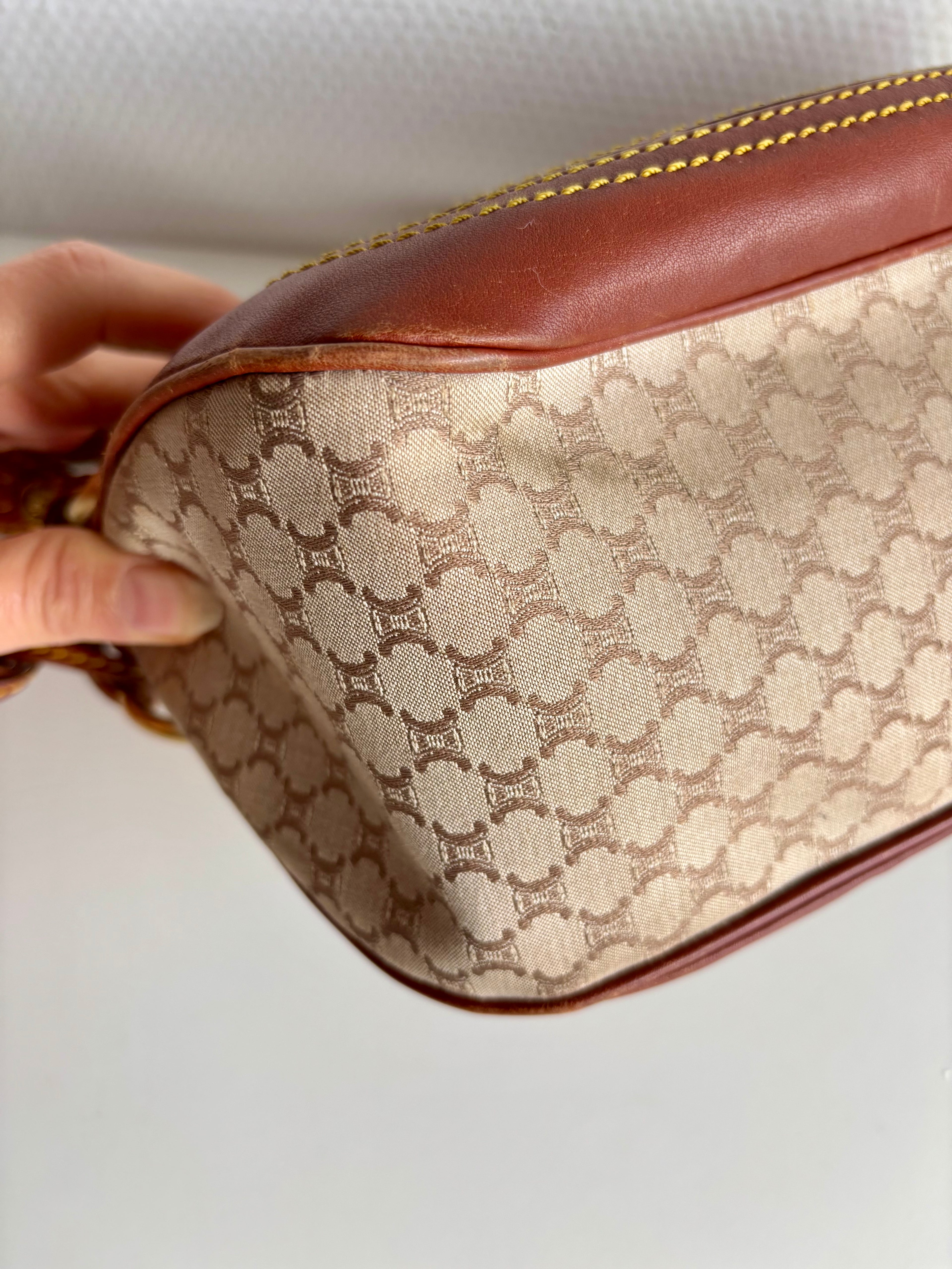 Celine Vintage 90s Brown Leather / Canvas Handbag