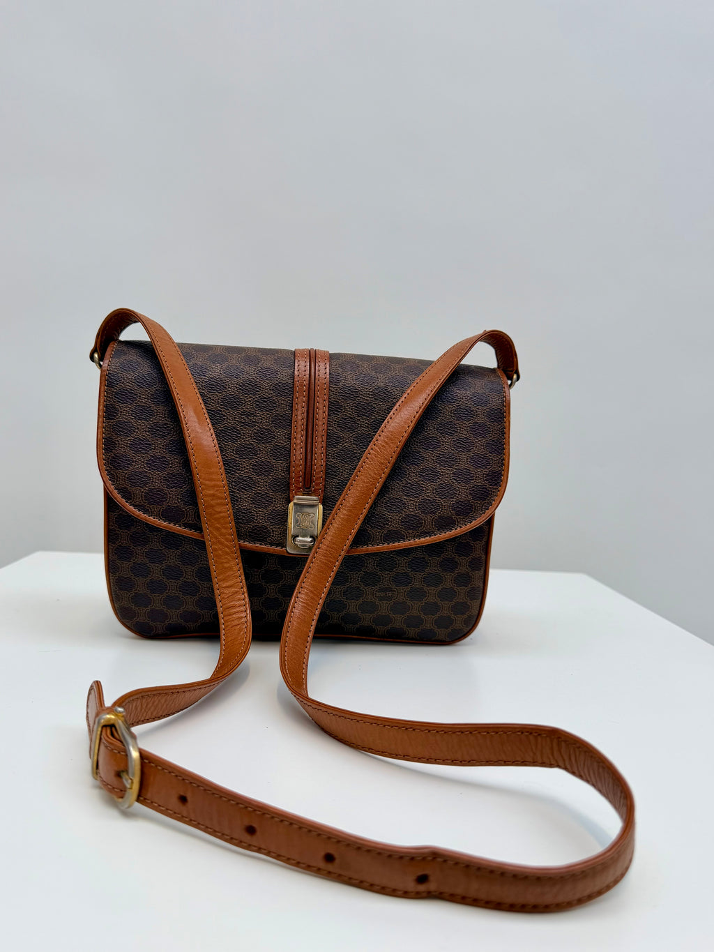 Celine Macadam Vintage Brown Canvas Leather Crossbody Bag