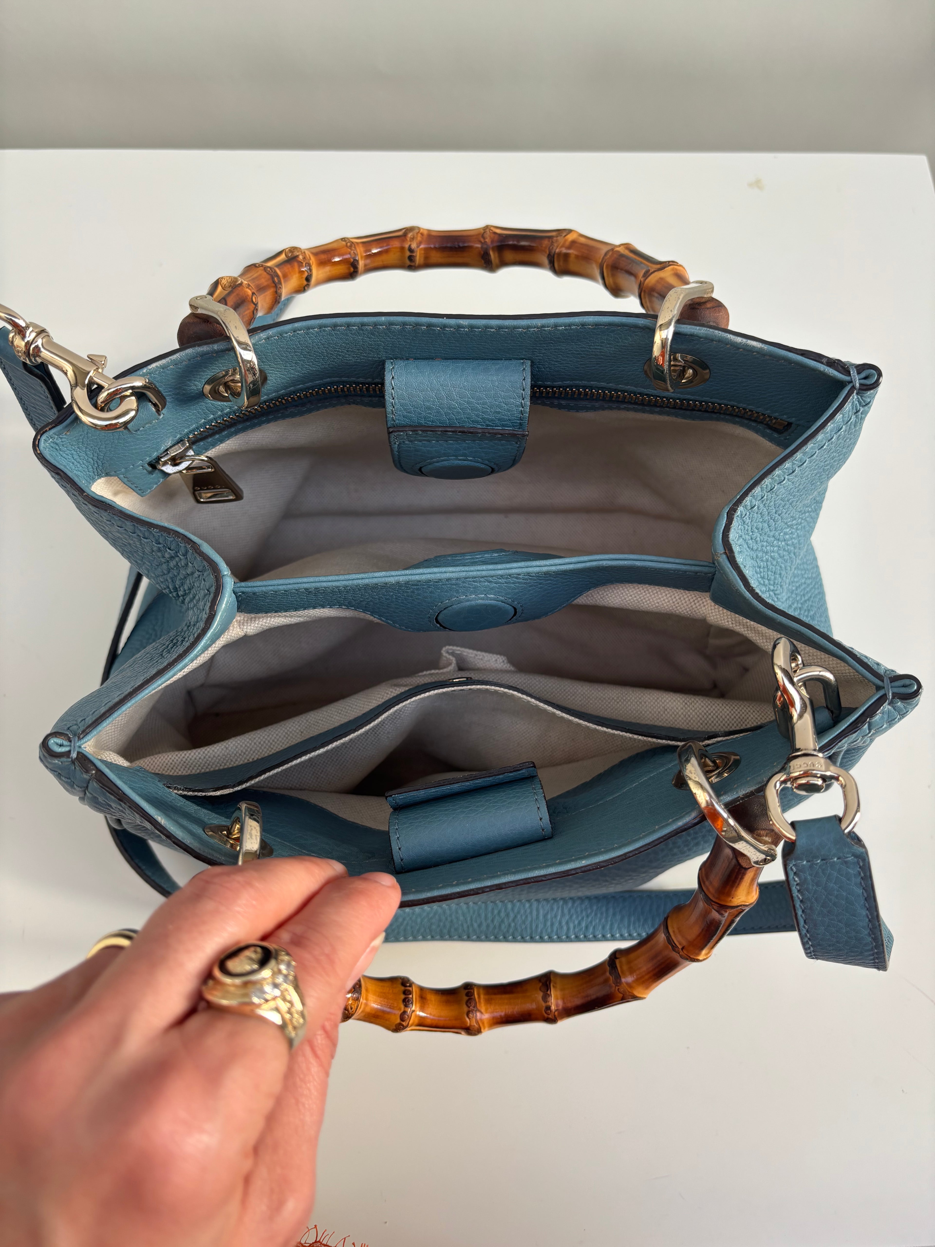 Gucci Bamboo Leather Top Handle Bag Blue Vintage Bamboo Crossbody